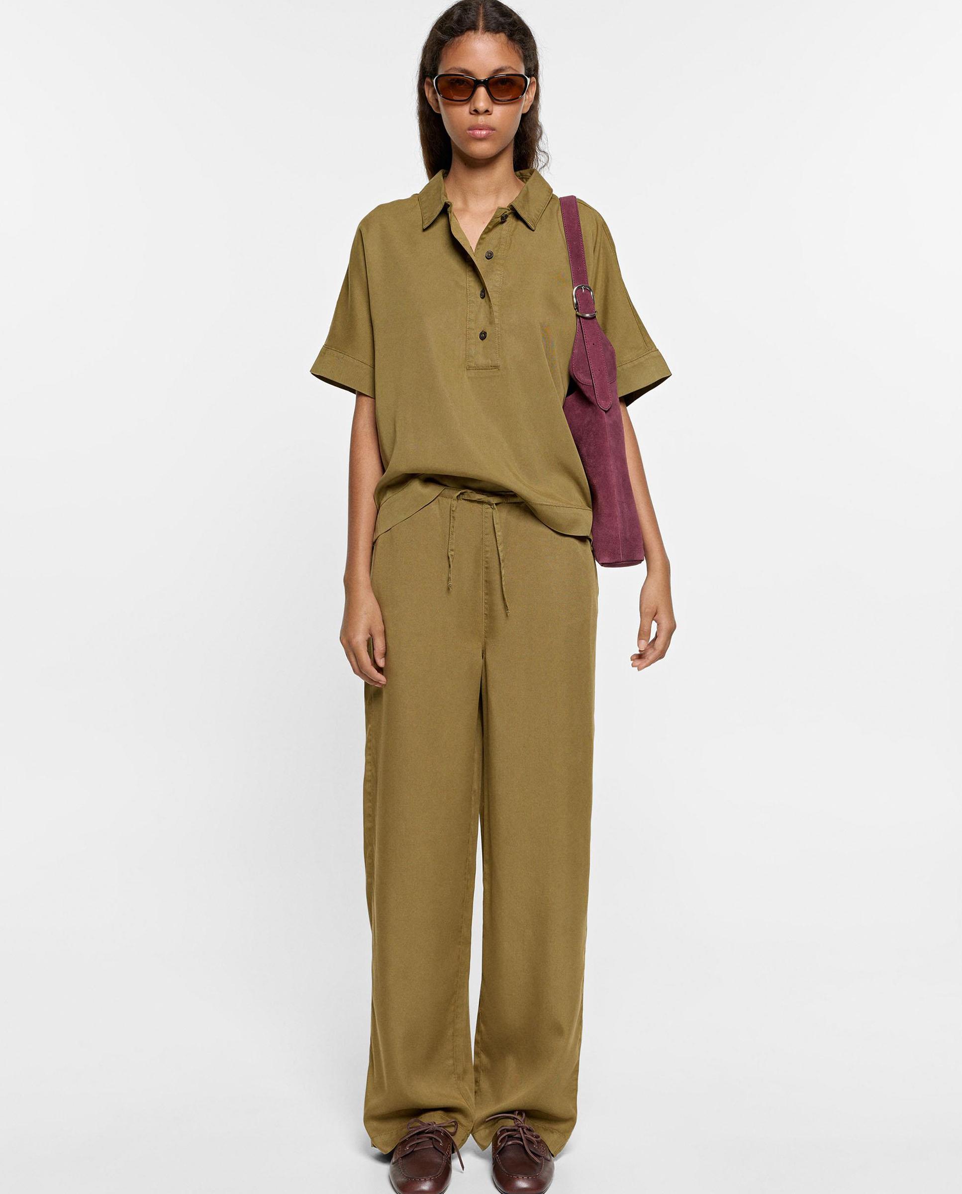 Pantalones rectos de mujer 100% liocel con cordón de cintura en liso - Parfois - Kaki Kaki-1