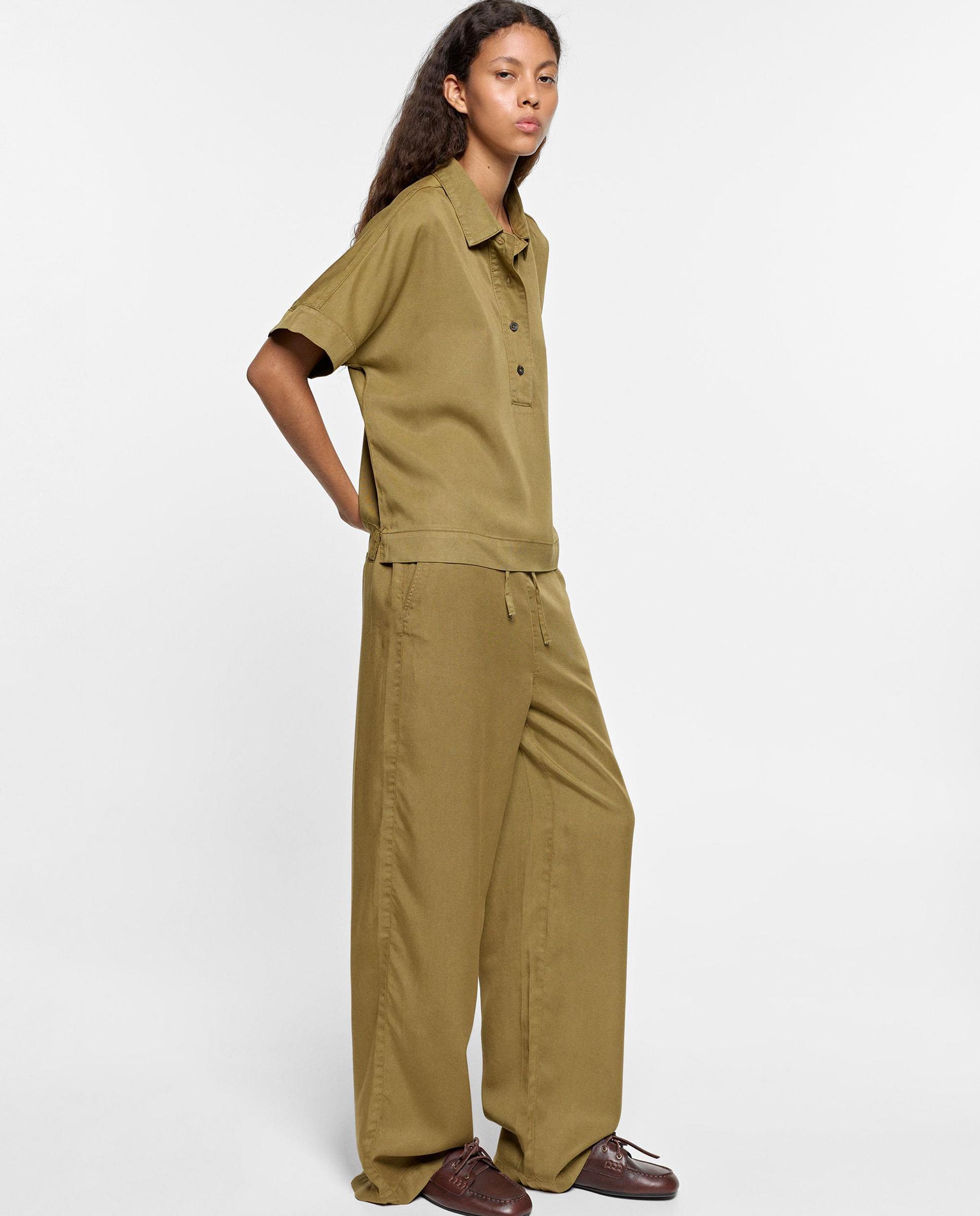 Pantalones rectos de mujer 100% liocel con cordón de cintura en liso - Parfois - Kaki Kaki-2