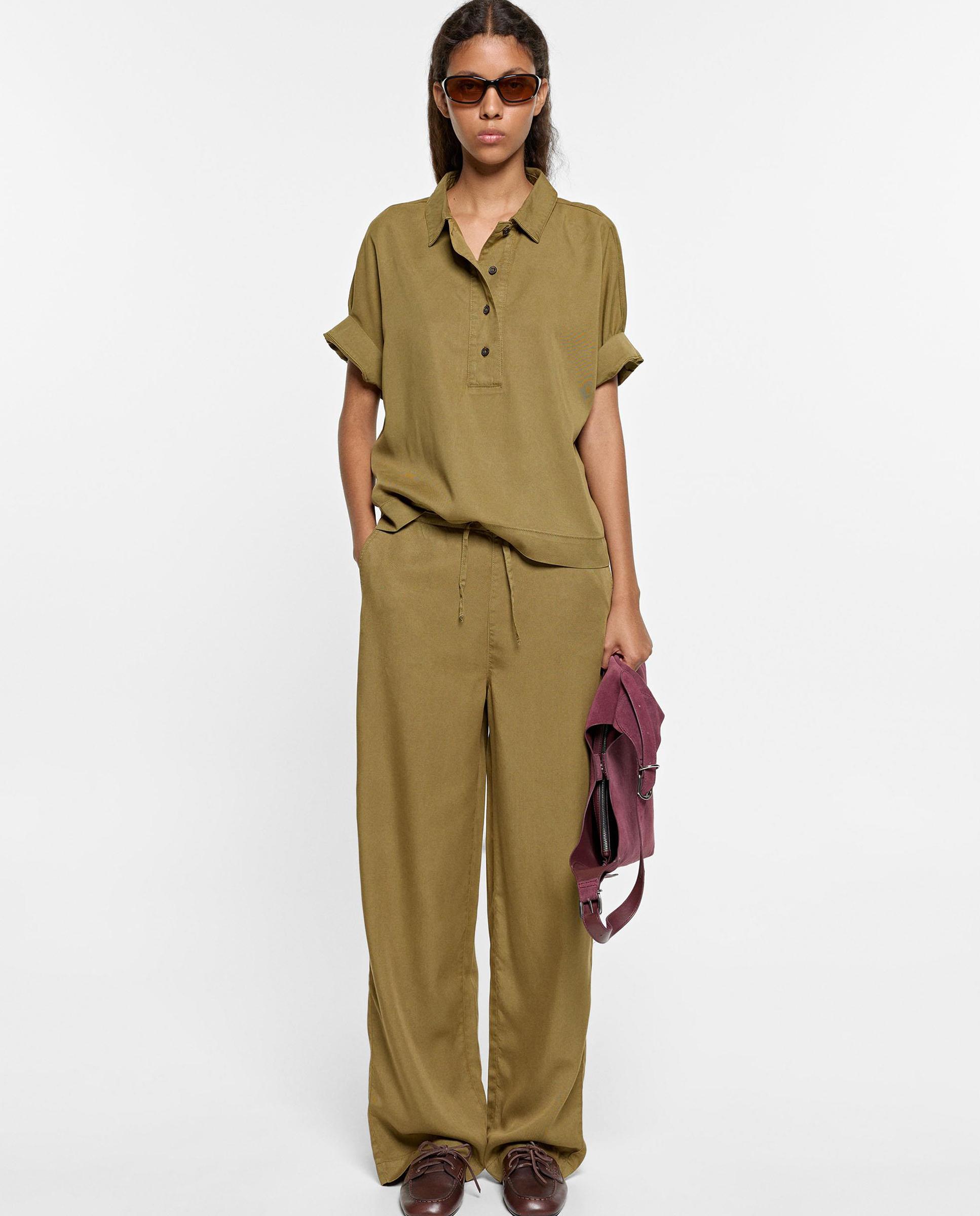 Pantalones rectos de mujer 100% liocel con cordón de cintura en liso - Parfois - Kaki Kaki-4