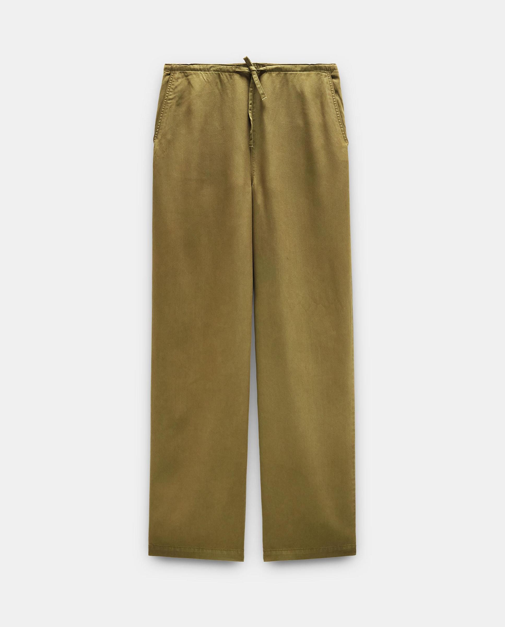 Pantalones rectos de mujer 100% liocel con cordón de cintura en liso - Parfois - Kaki Kaki-7