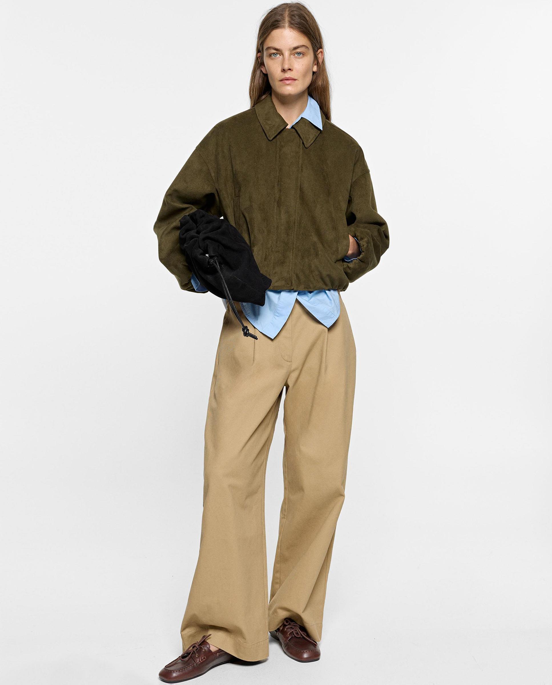 Chaqueta de mujer corta efecto piel en liso - Parfois - Kaki Kaki-2