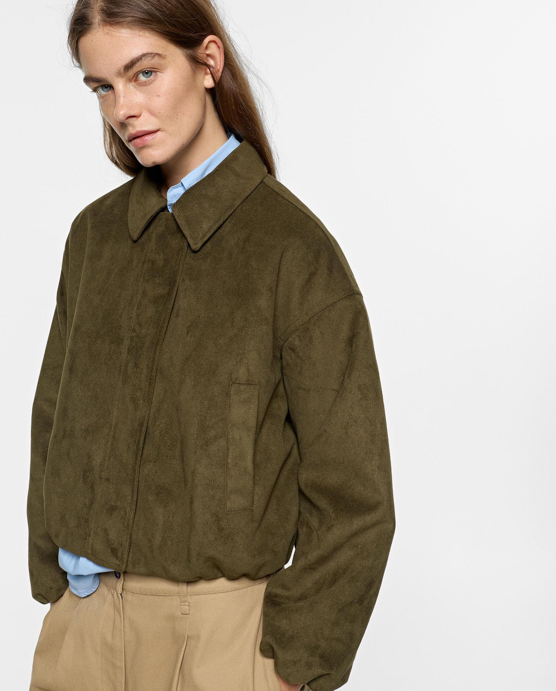 Chaqueta de mujer corta efecto piel en liso - Parfois - Kaki Kaki-3