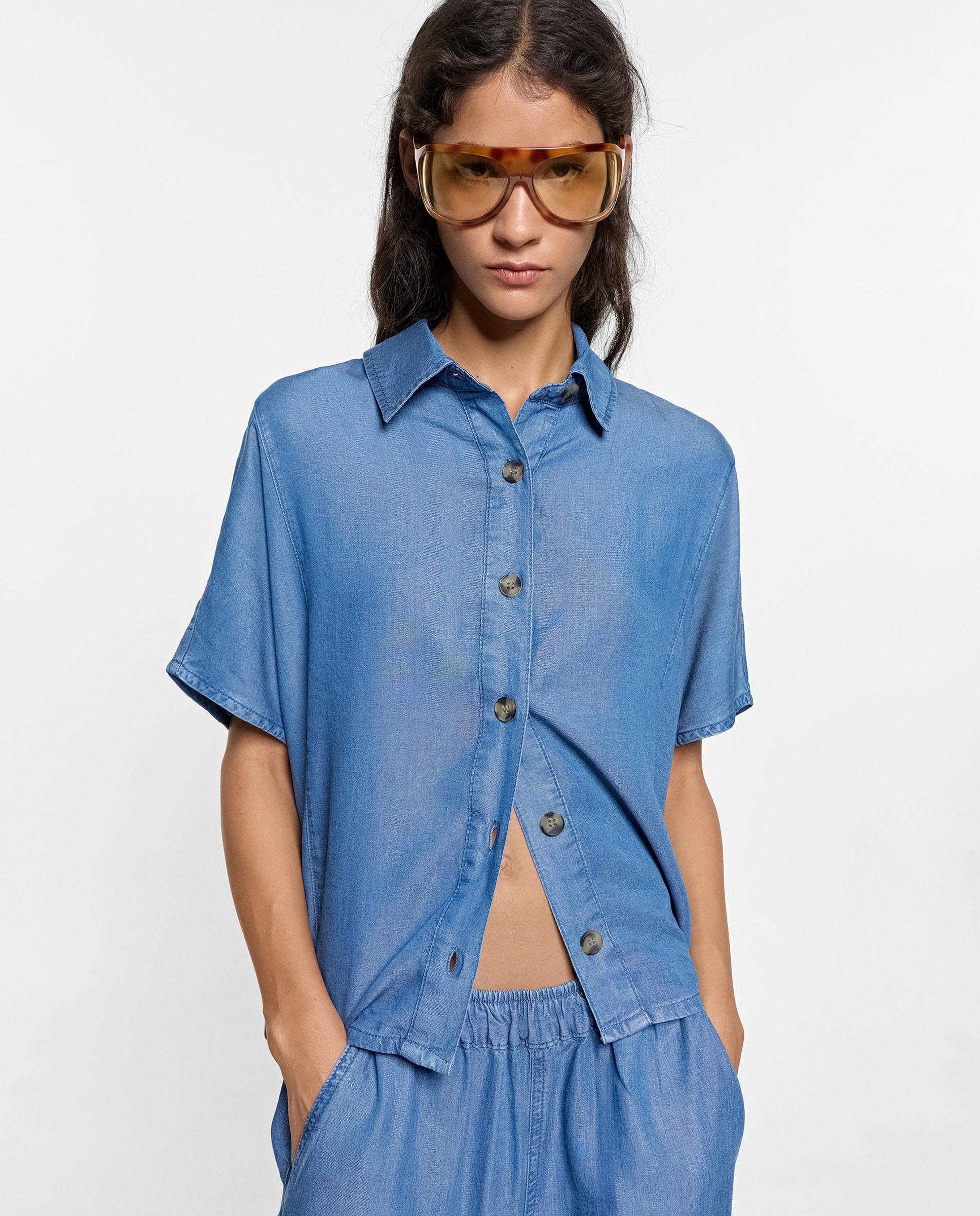 Camisa de mujer 100% liocel vaquera en liso - Parfois - Azul Azul-1