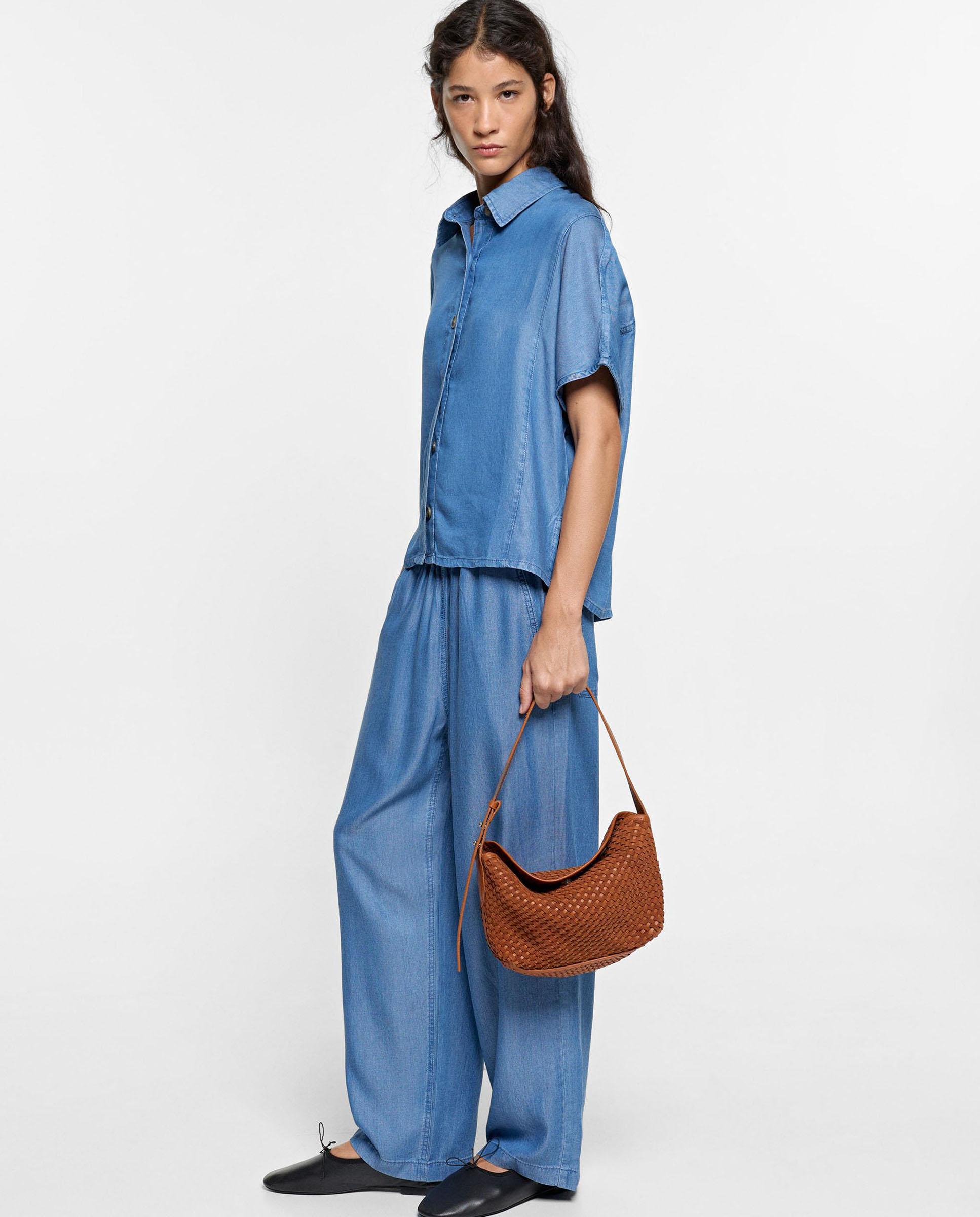 Vaqueros anchos de mujer 100% liocel con cintura elástica en liso - Parfois - Azul Azul-1