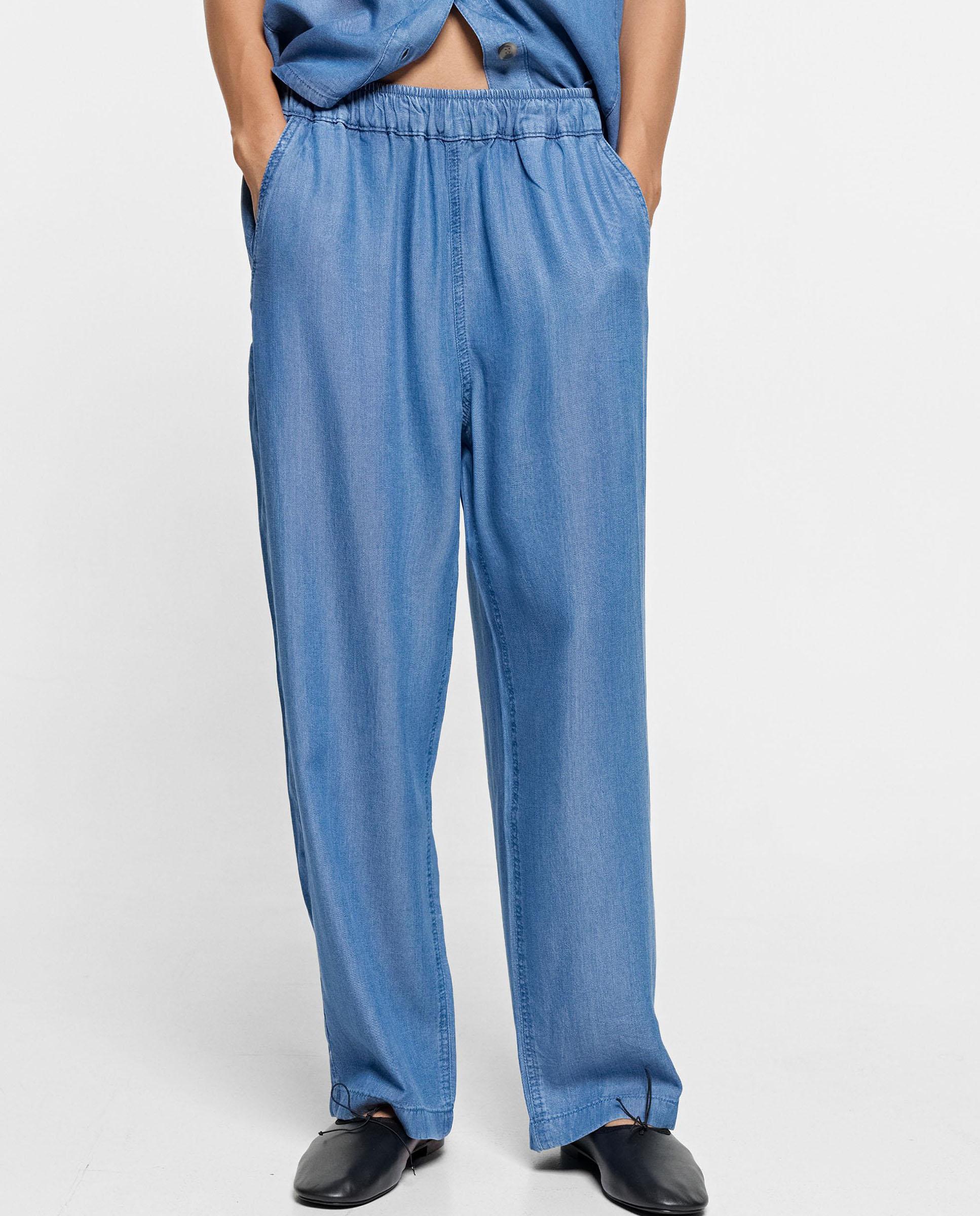 Vaqueros anchos de mujer 100% liocel con cintura elástica en liso - Parfois - Azul Azul-2
