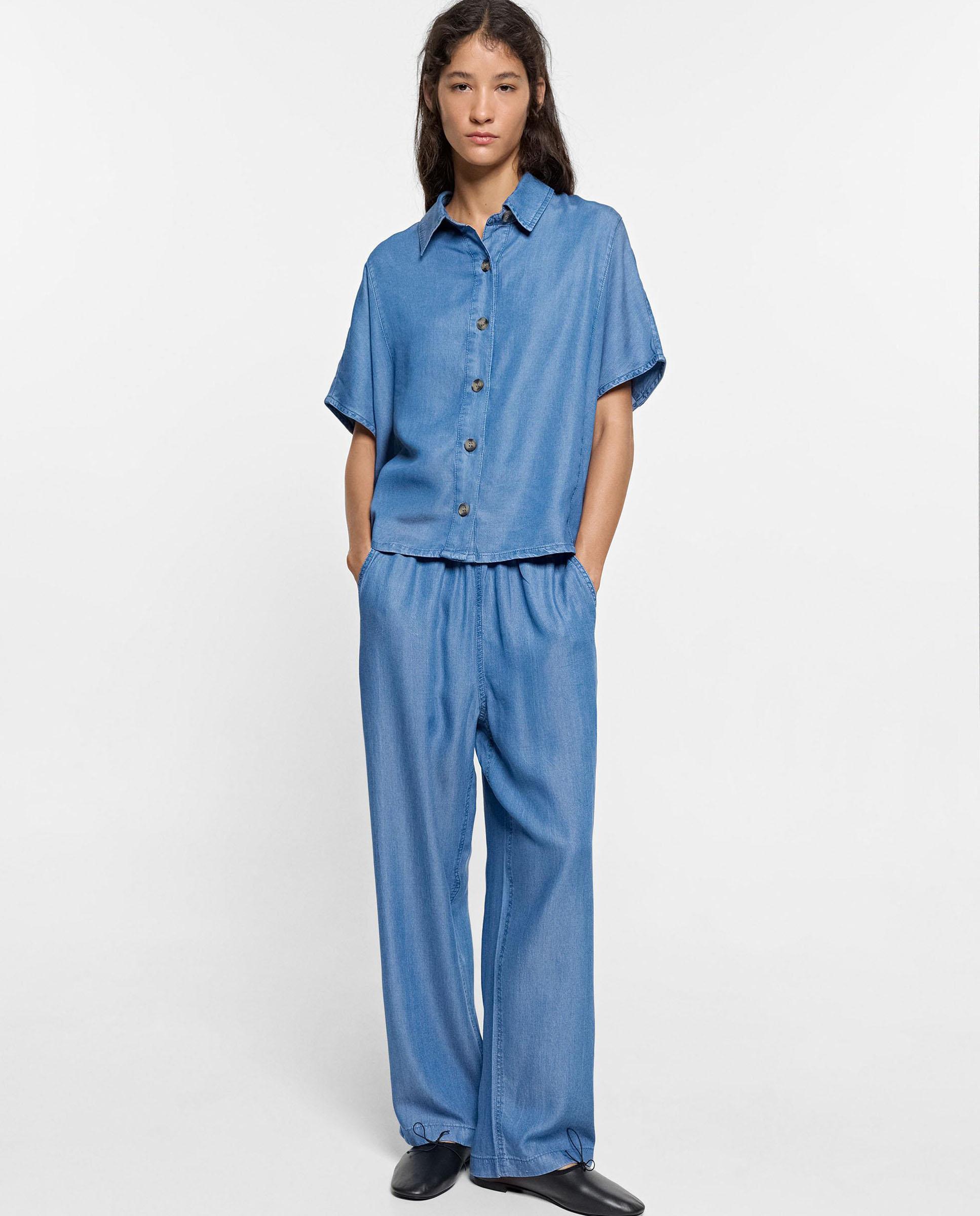 Vaqueros anchos de mujer 100% liocel con cintura elástica en liso - Parfois - Azul Azul-5
