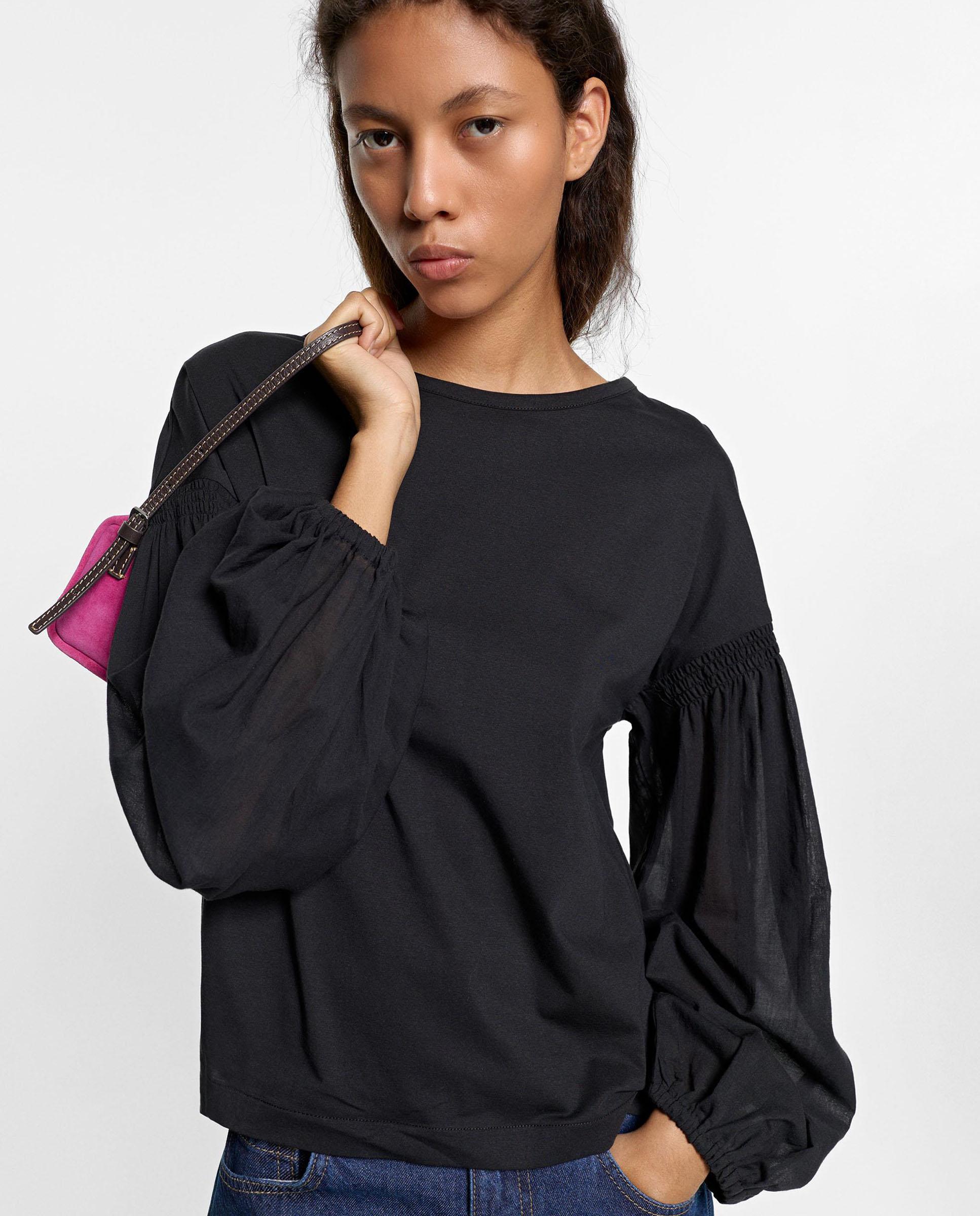 Camiseta de mujer de manga larga con mangas abullonadas - Parfois - Negro Negro-1
