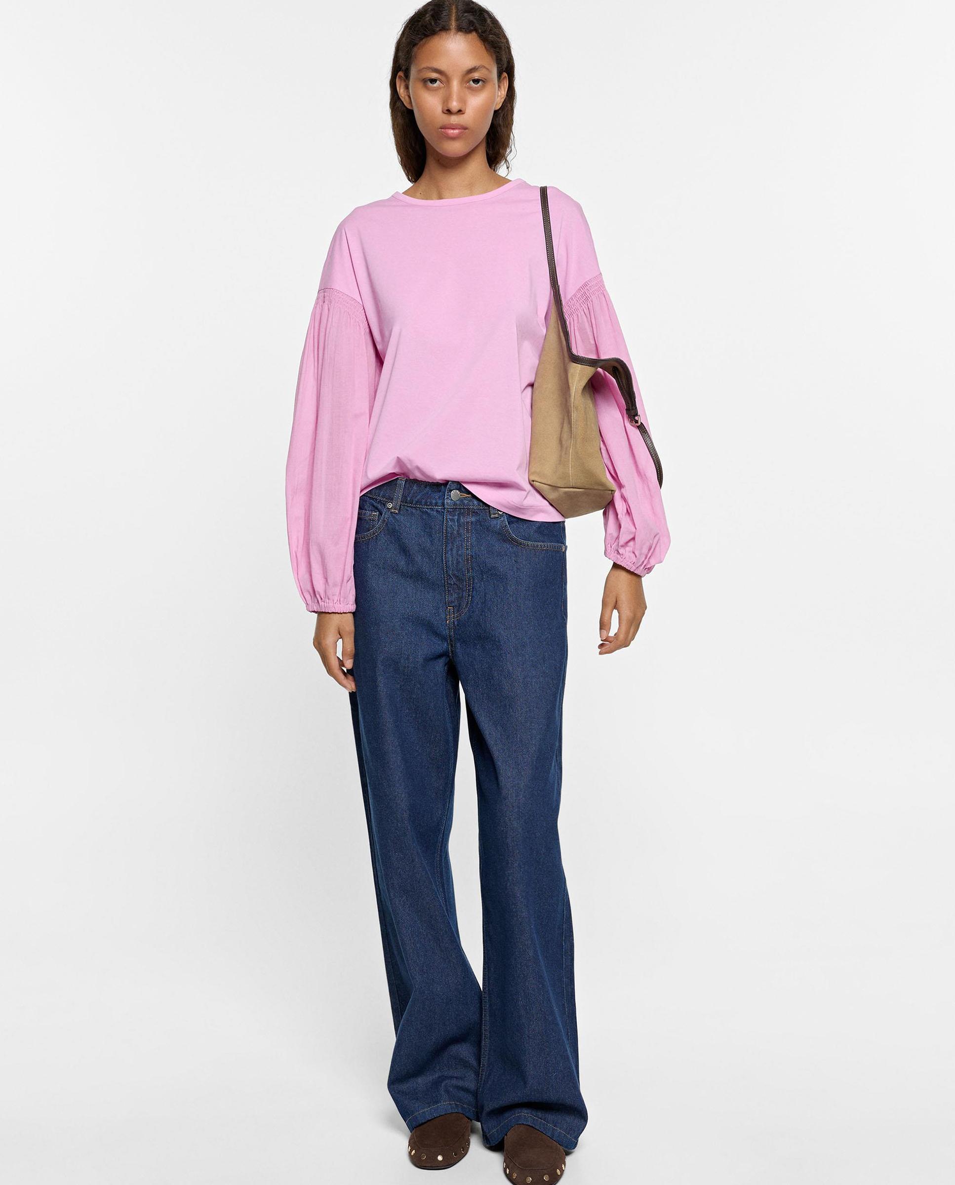 Camiseta de mujer de manga larga con mandas abullonadas - Parfois - Rosa Rosa-2