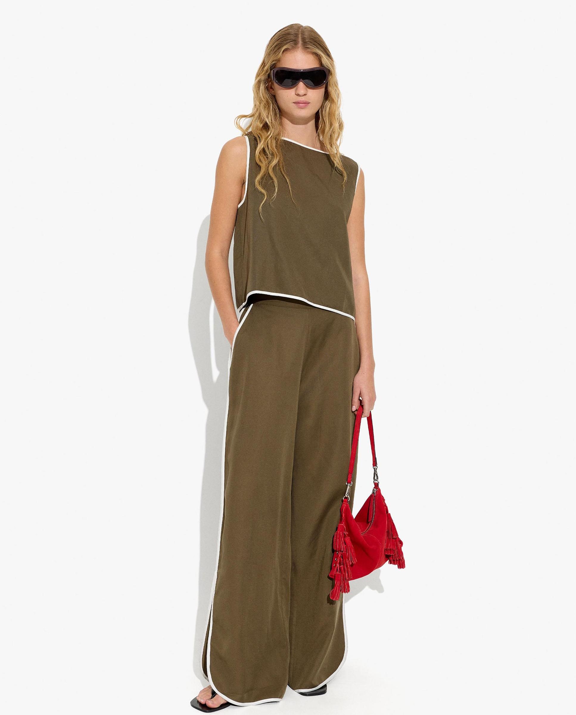 Pantalones anchos de mujer 100% liocel con cintura elástica - Parfois - Kaki Kaki-1