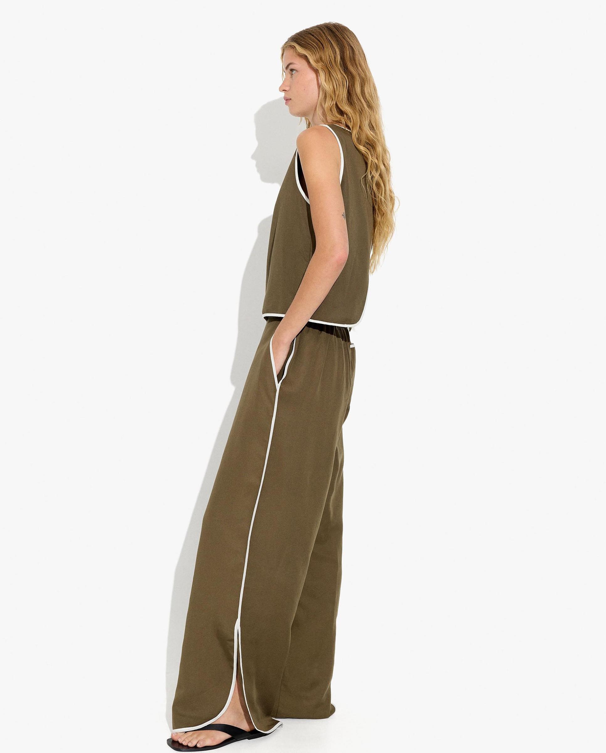 Pantalones anchos de mujer 100% liocel con cintura elástica - Parfois - Kaki Kaki-3