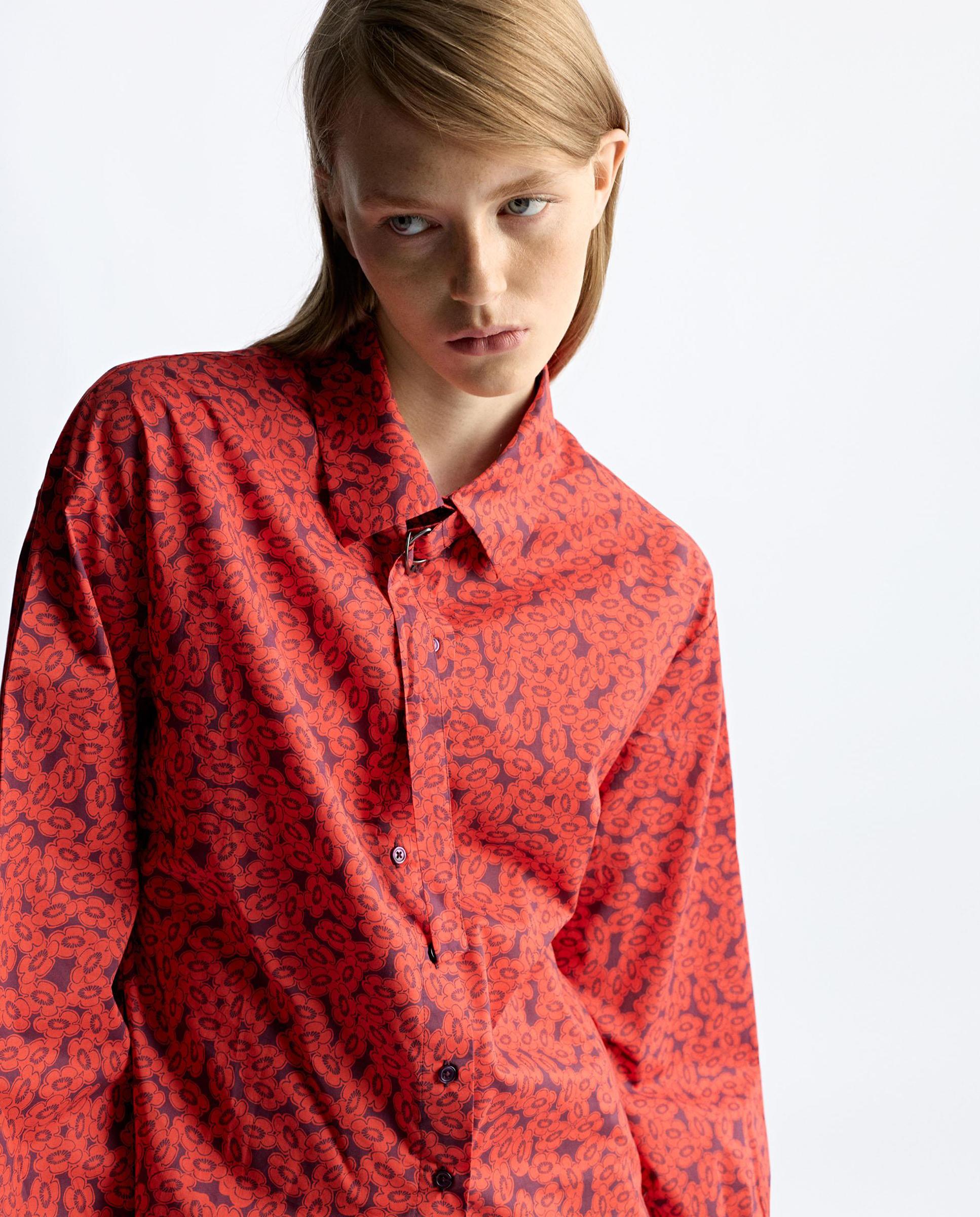 Camisa de mujer 100% algodón de manga larga con estampado floral - Parfois - Rojo Rojo-1