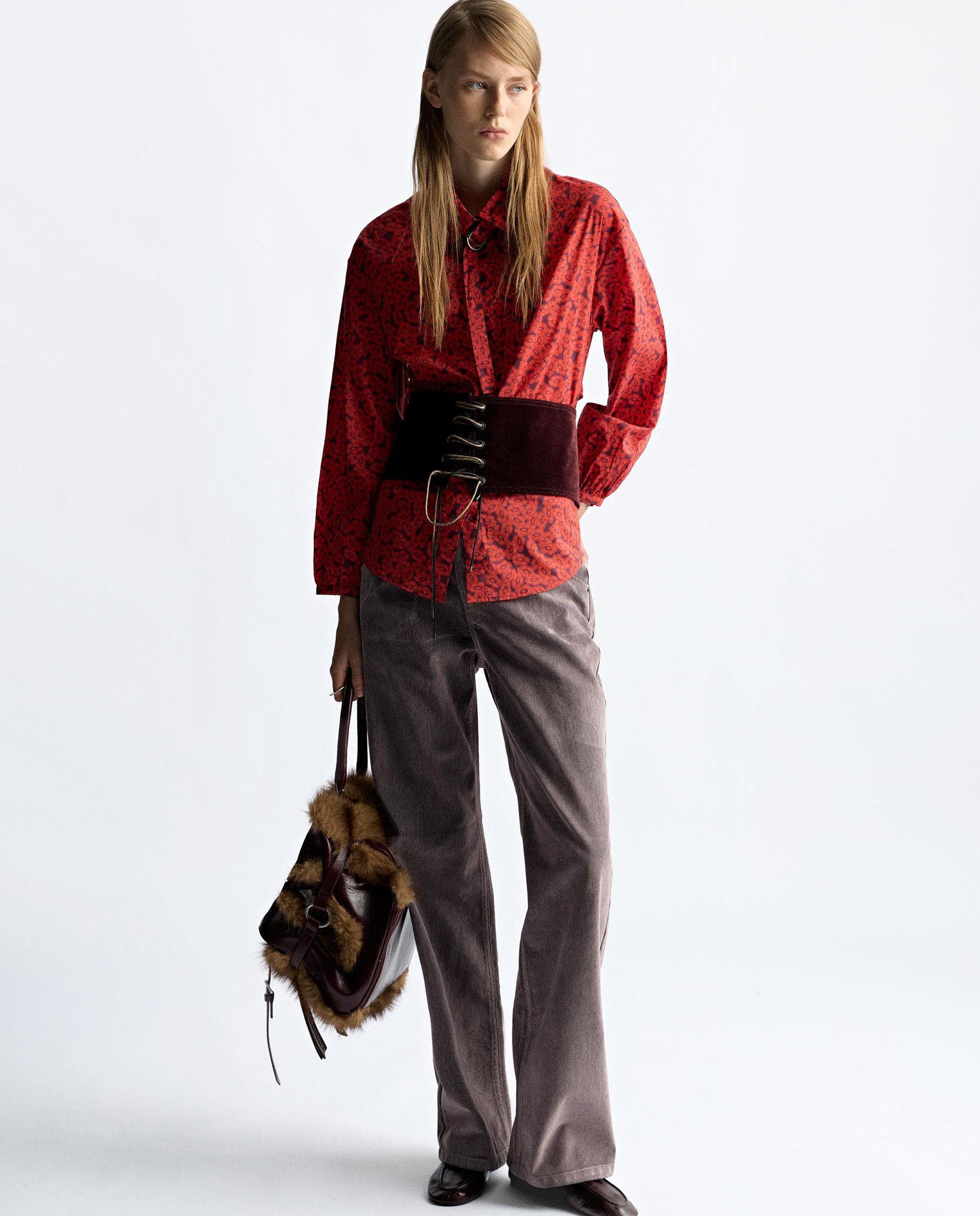 Camisa de mujer 100% algodón de manga larga con estampado floral - Parfois - Rojo Rojo-2
