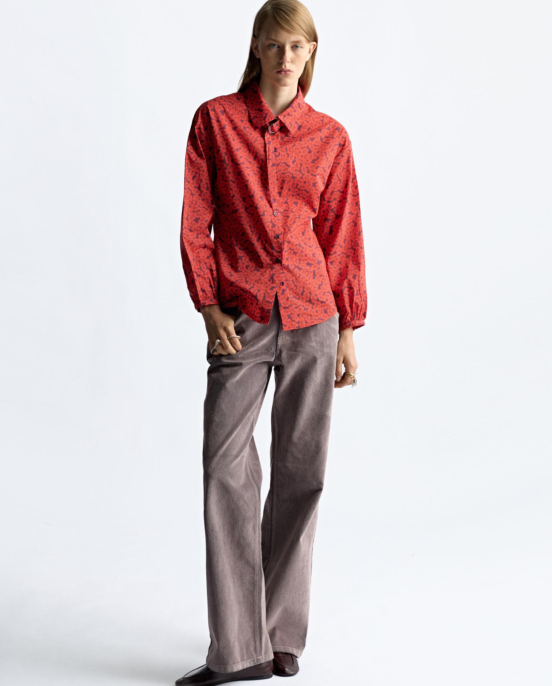 Camisa de mujer 100% algodón de manga larga con estampado floral - Parfois - Rojo Rojo-3