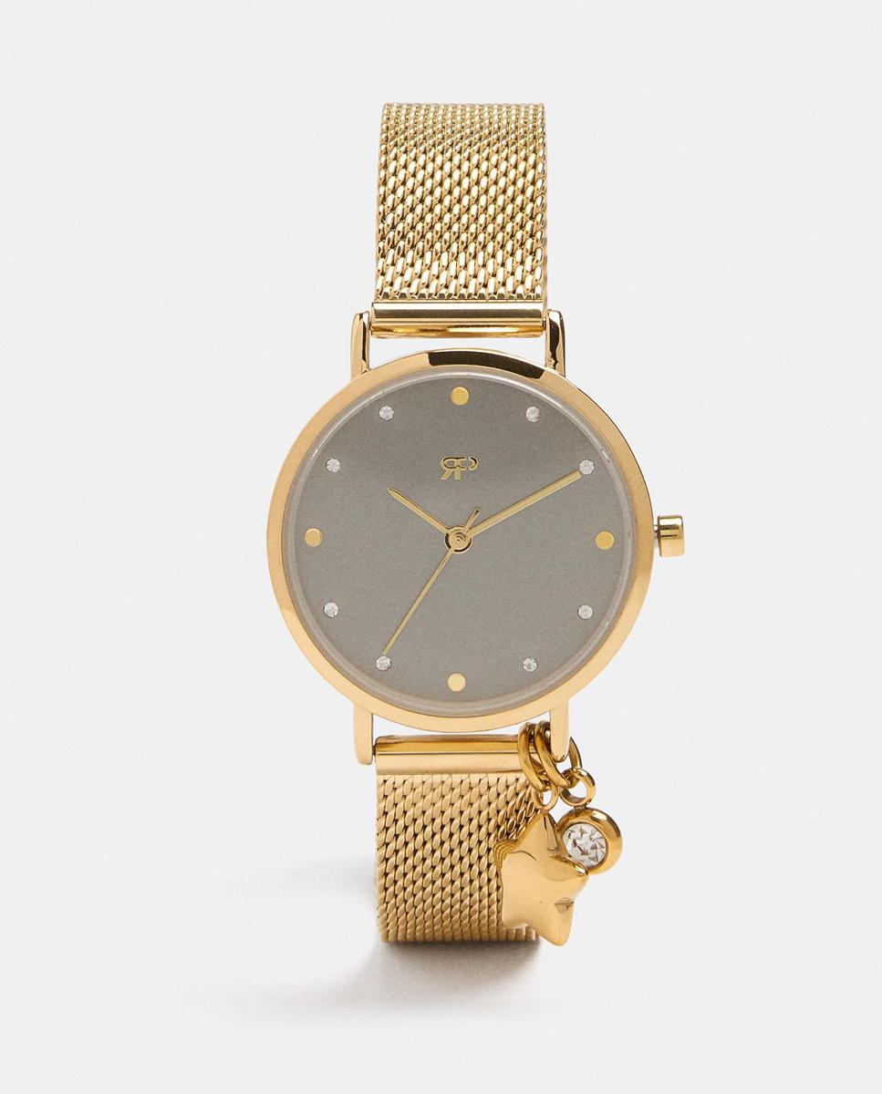 Imagen 0 de Reloj de mujer de acero inoxidable redondo con abalorio de corazón Dorado