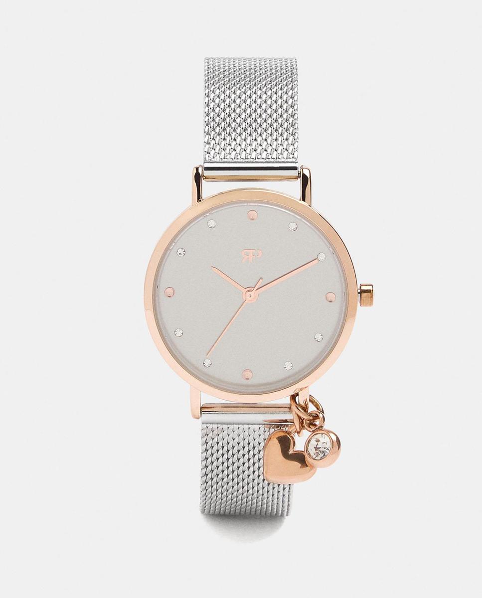 Imagen 0 de Reloj de mujer de acero inoxidable redondo con abalorio de corazón Plateado