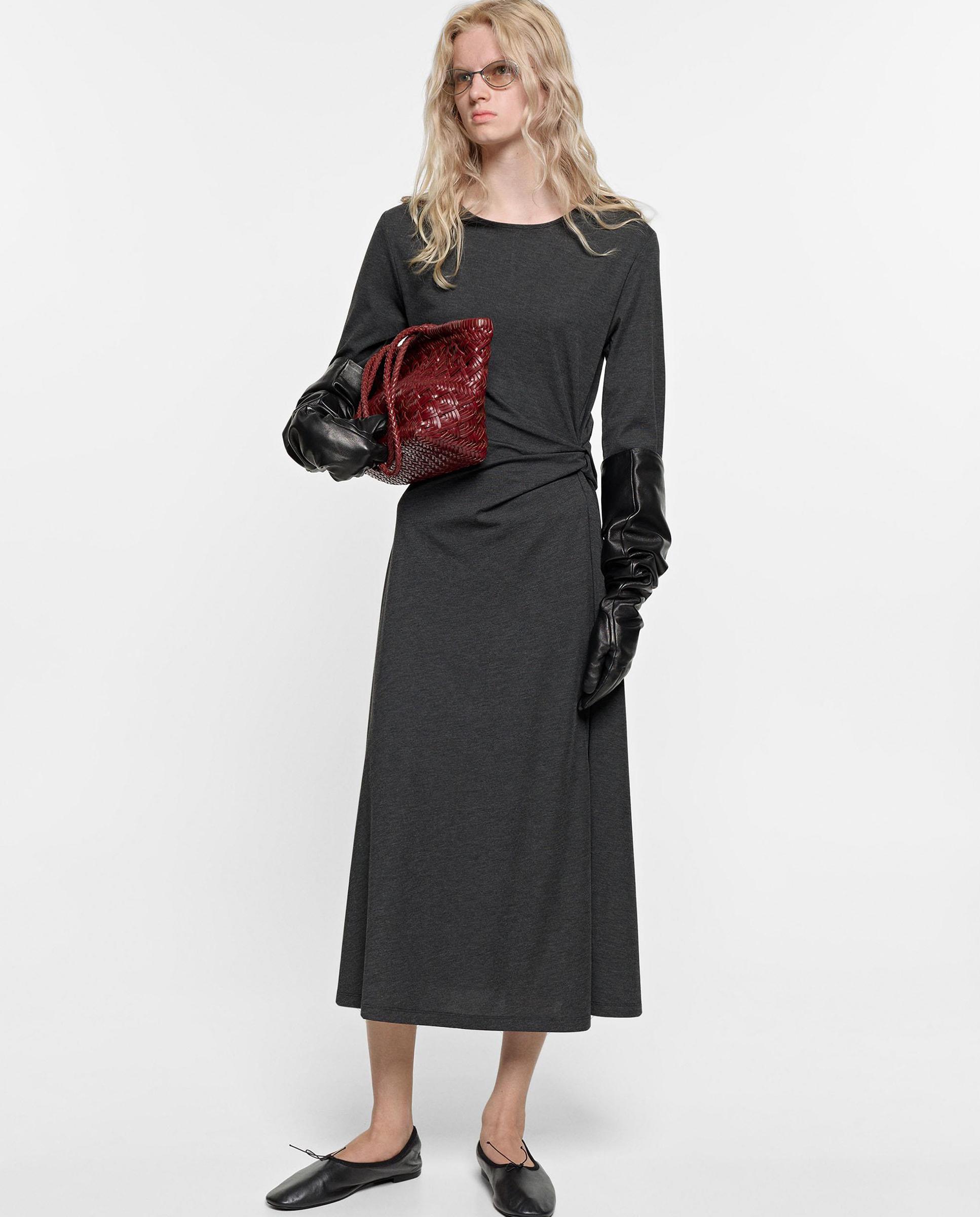 Vestido midi de manga larga con falda evasé - Parfois - Gris Gris-1