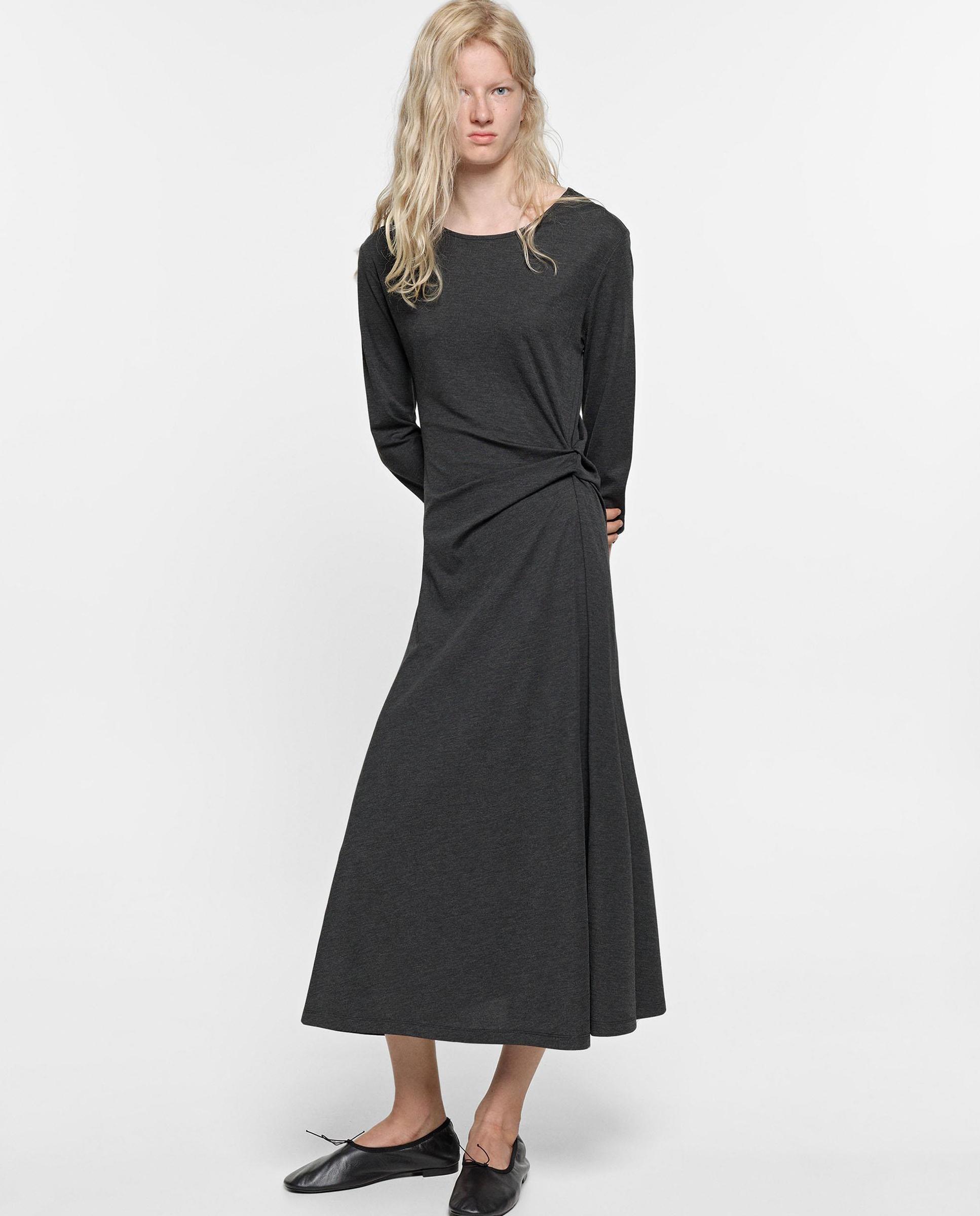 Vestido midi de manga larga con falda evasé - Parfois - Gris Gris-2