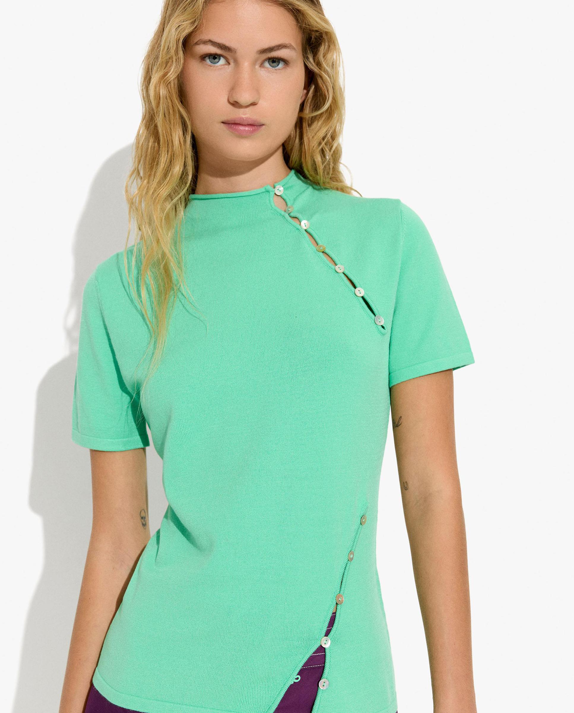 Jersey de mujer de punto con cuello alto de manga corta y abotonadura lateral - Parfois - Verde Verde-1