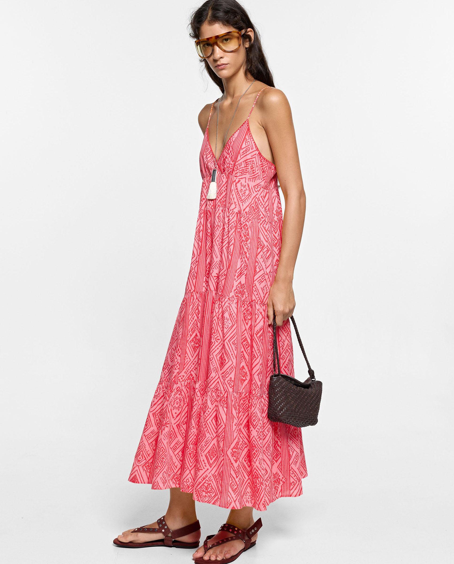 Vestido largo 100% algodón de tirantes con estampado geométrico - Parfois - Rosa Rosa-1