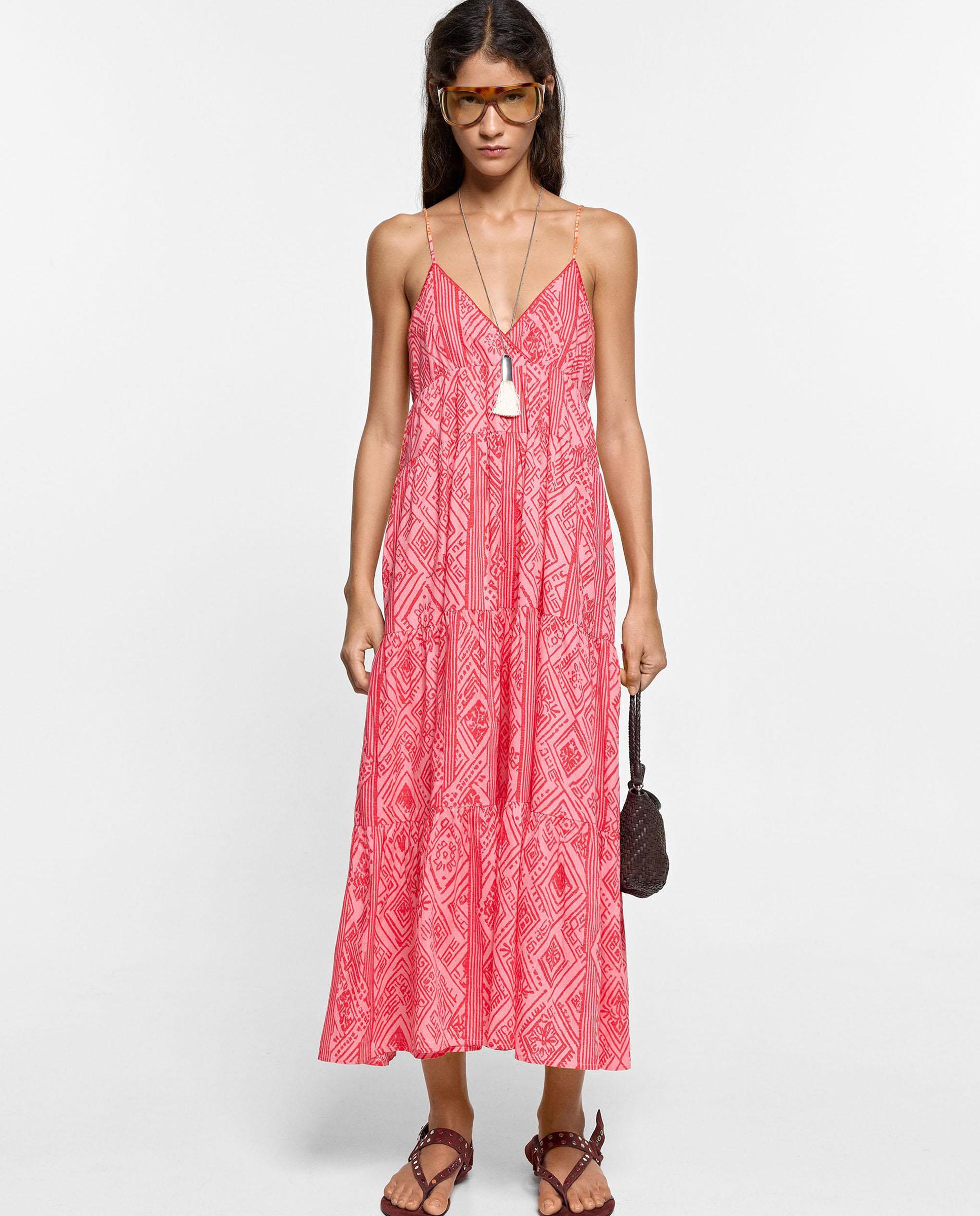 Vestido largo 100% algodón de tirantes con estampado geométrico - Parfois - Rosa Rosa-2