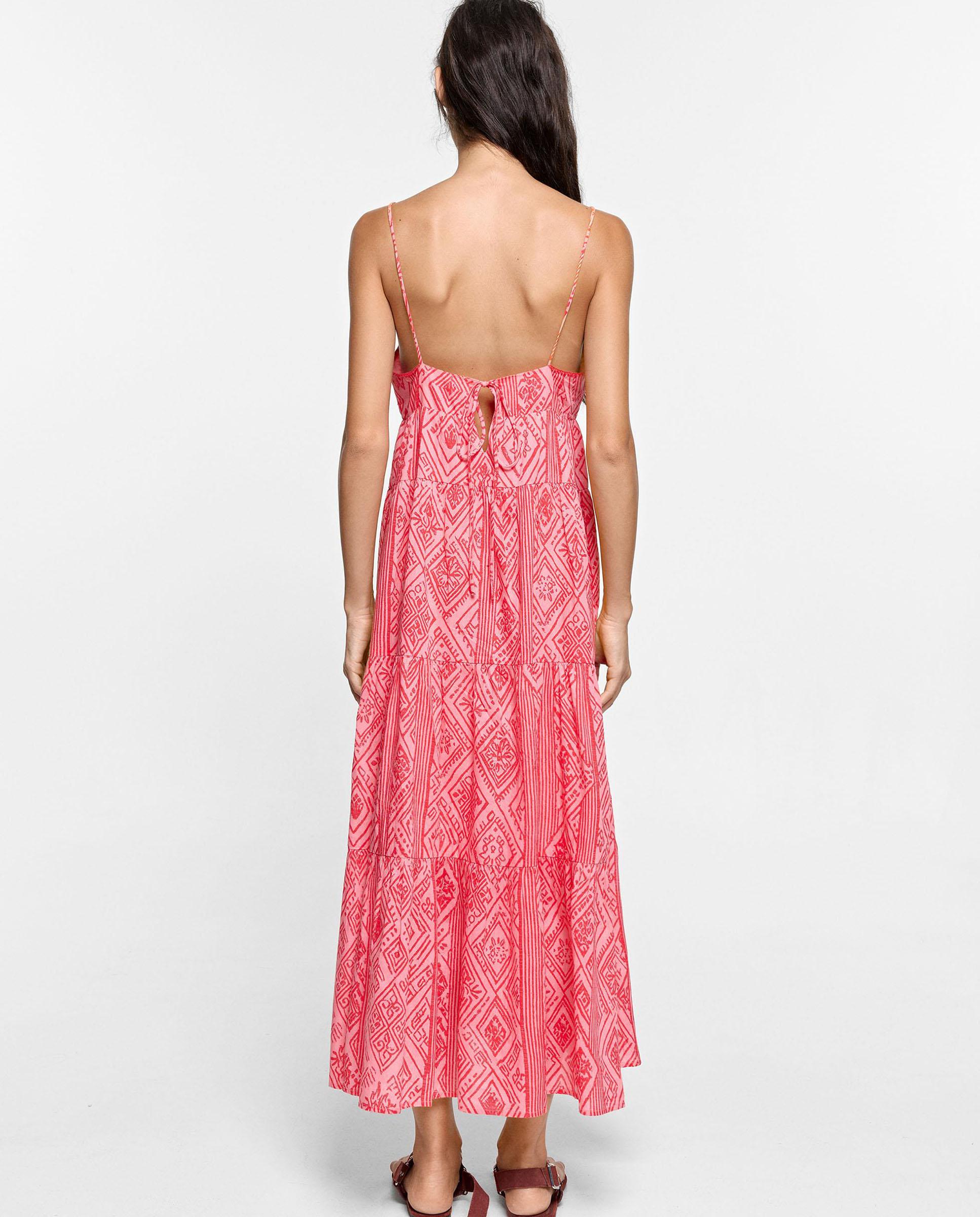 Vestido largo 100% algodón de tirantes con estampado geométrico - Parfois - Rosa Rosa-4