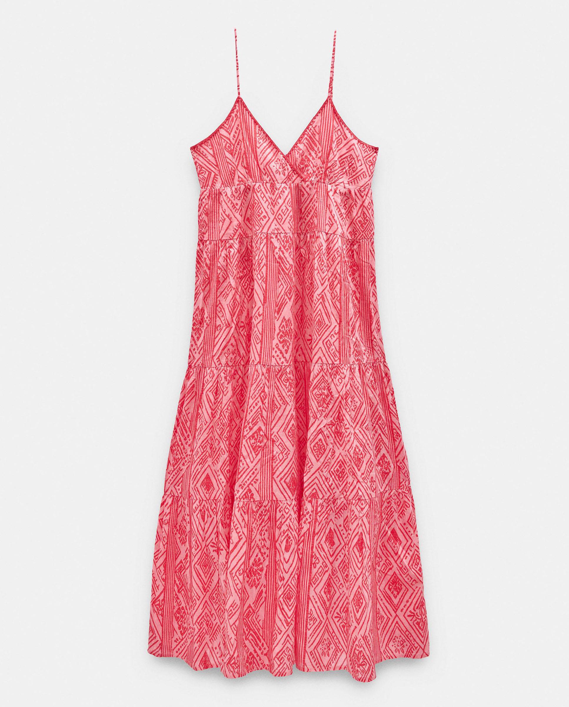 Vestido largo 100% algodón de tirantes con estampado geométrico - Parfois - Rosa Rosa-6