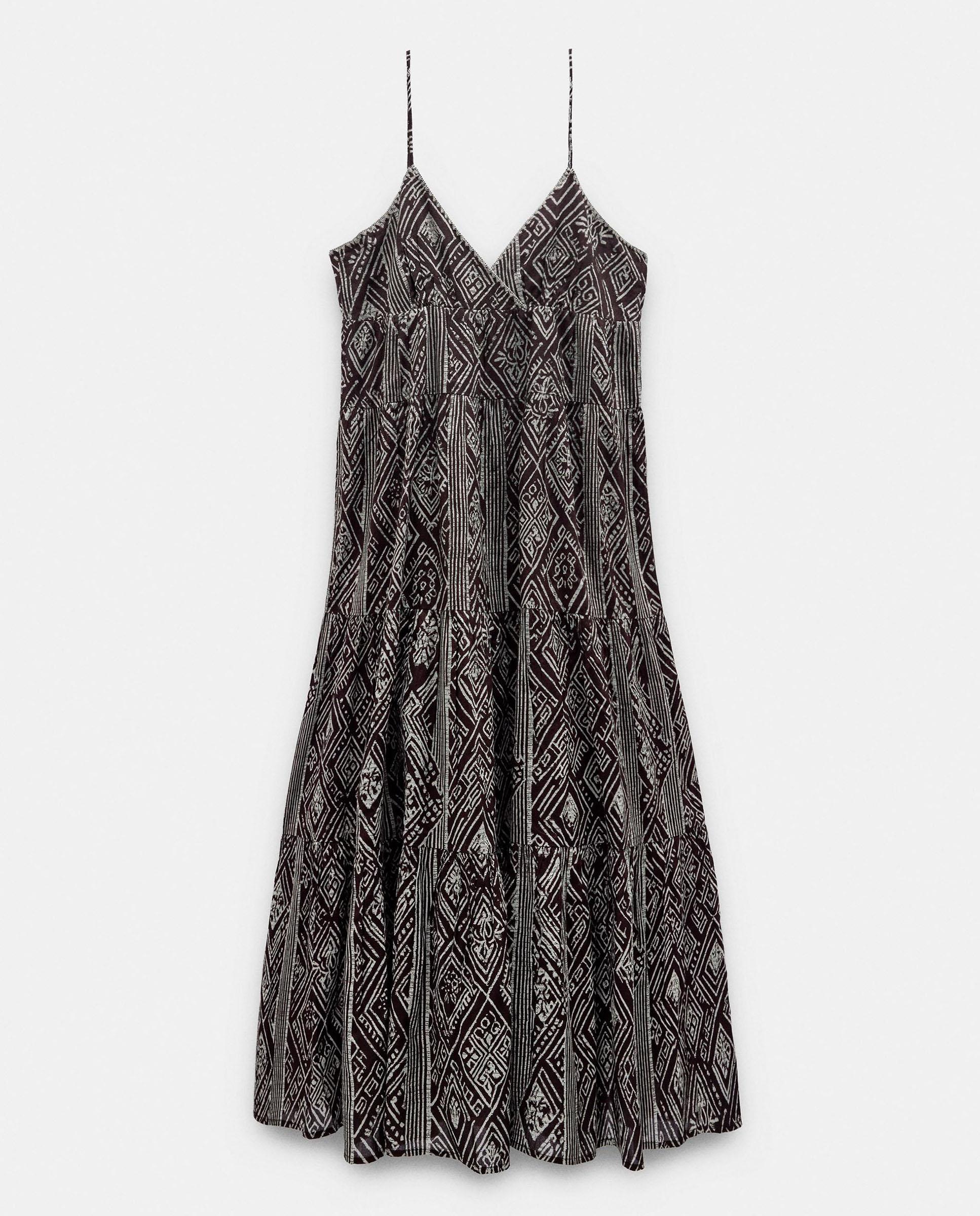 Vestido largo 100% algodón de tirantes con estampado geométrico - Parfois - Marrón oscuro Marrón oscuro-7