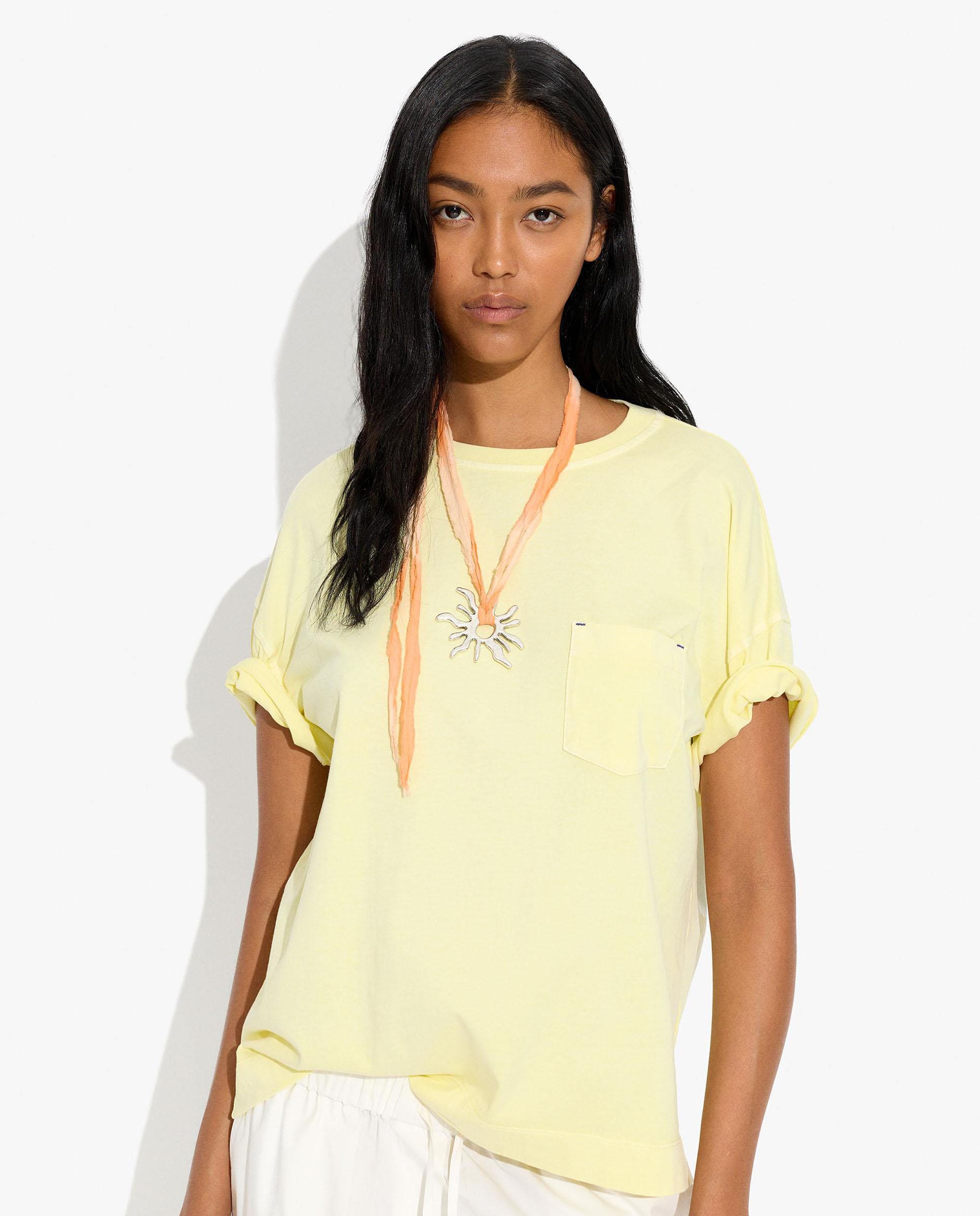 Camiseta de mujer 100% algodón de manga corta en liso con bolsillo lateral - Parfois - Amarillo Amarillo-1