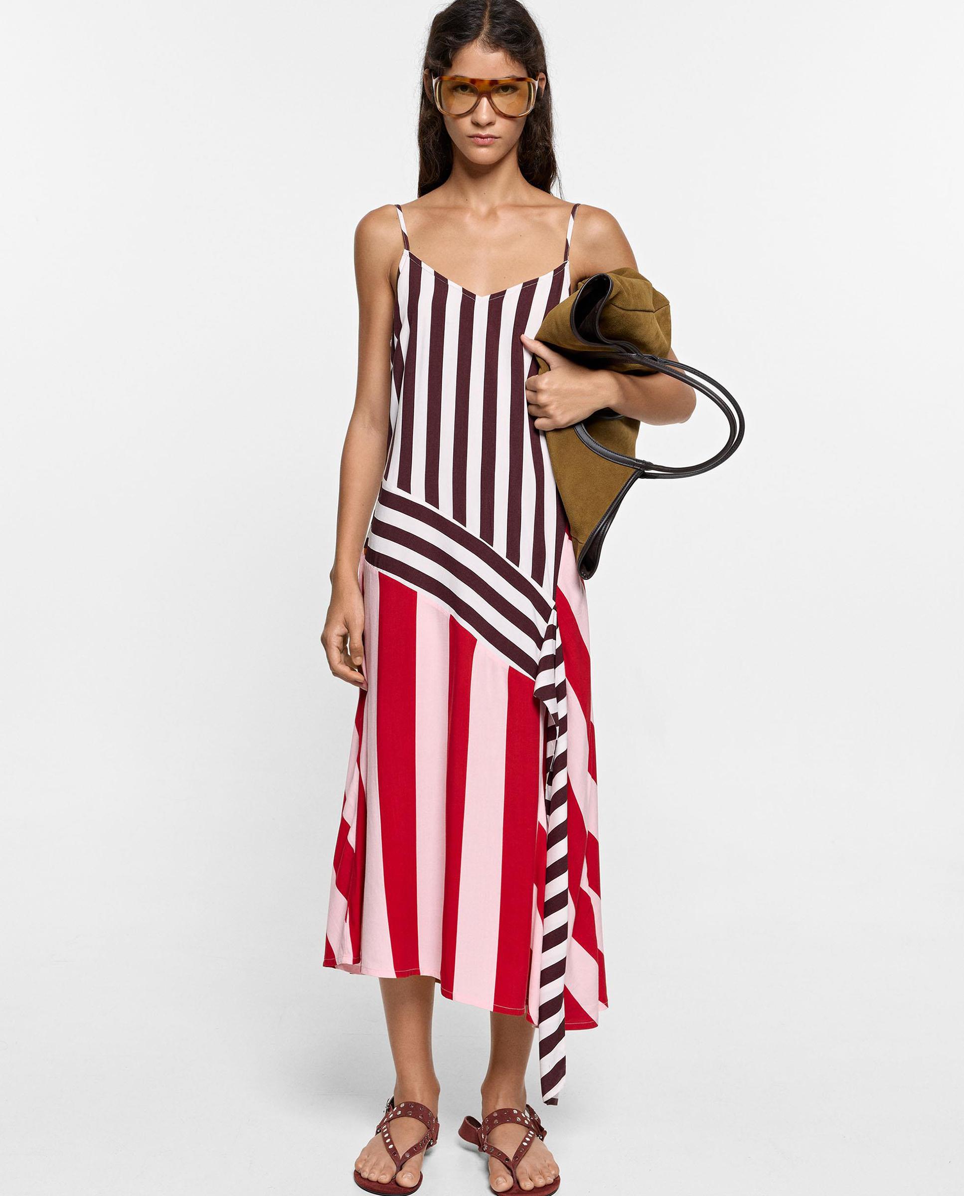 Vestido midi 100% viscosa de tirantes con estampado de rayas - Parfois - Multicolor Multicolor-1