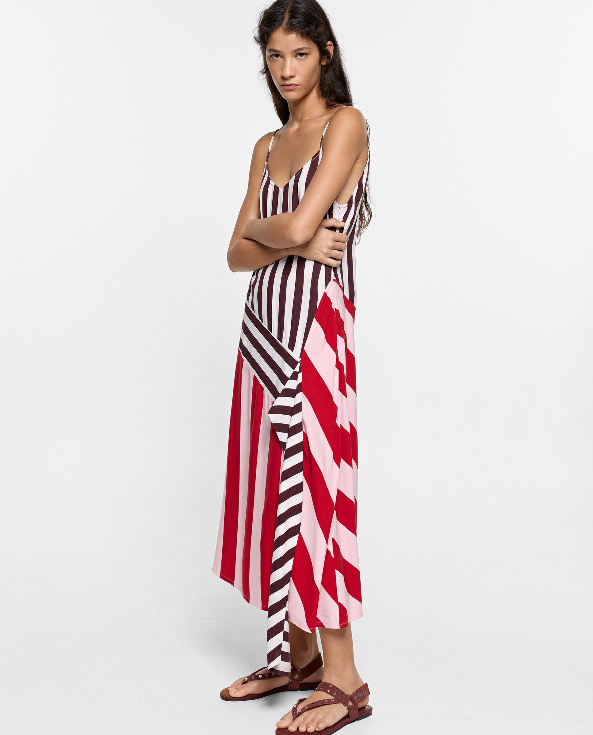 Vestido midi 100% viscosa de tirantes con estampado de rayas - Parfois - Multicolor Multicolor-3