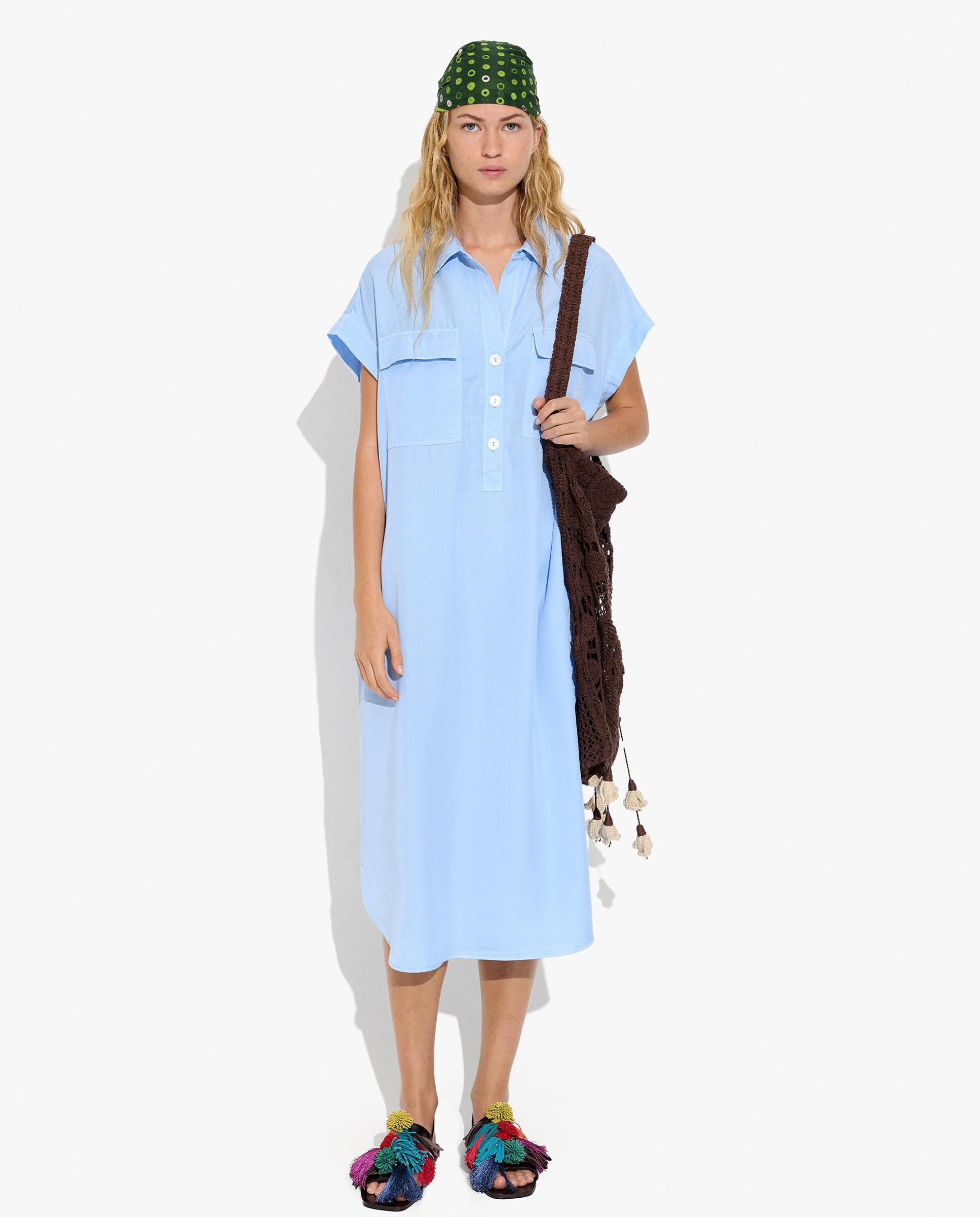Vestido midi 100% liocel camisero en liso - Parfois - Azul Azul-1
