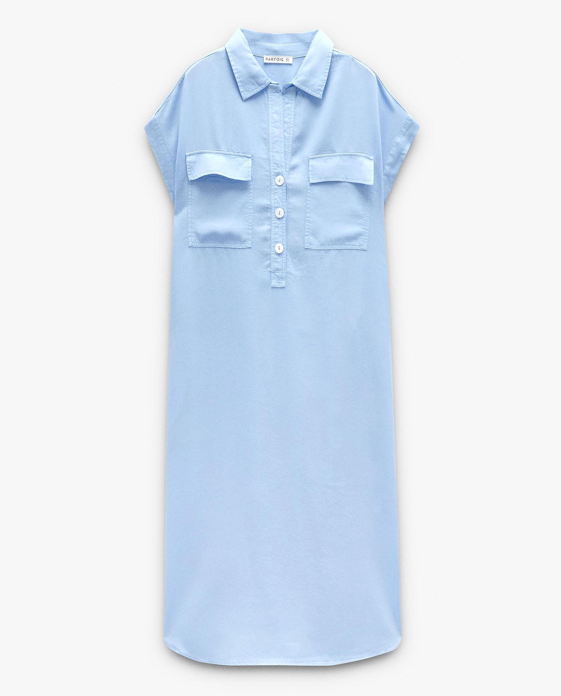 Vestido midi 100% liocel camisero en liso - Parfois - Azul Azul-5