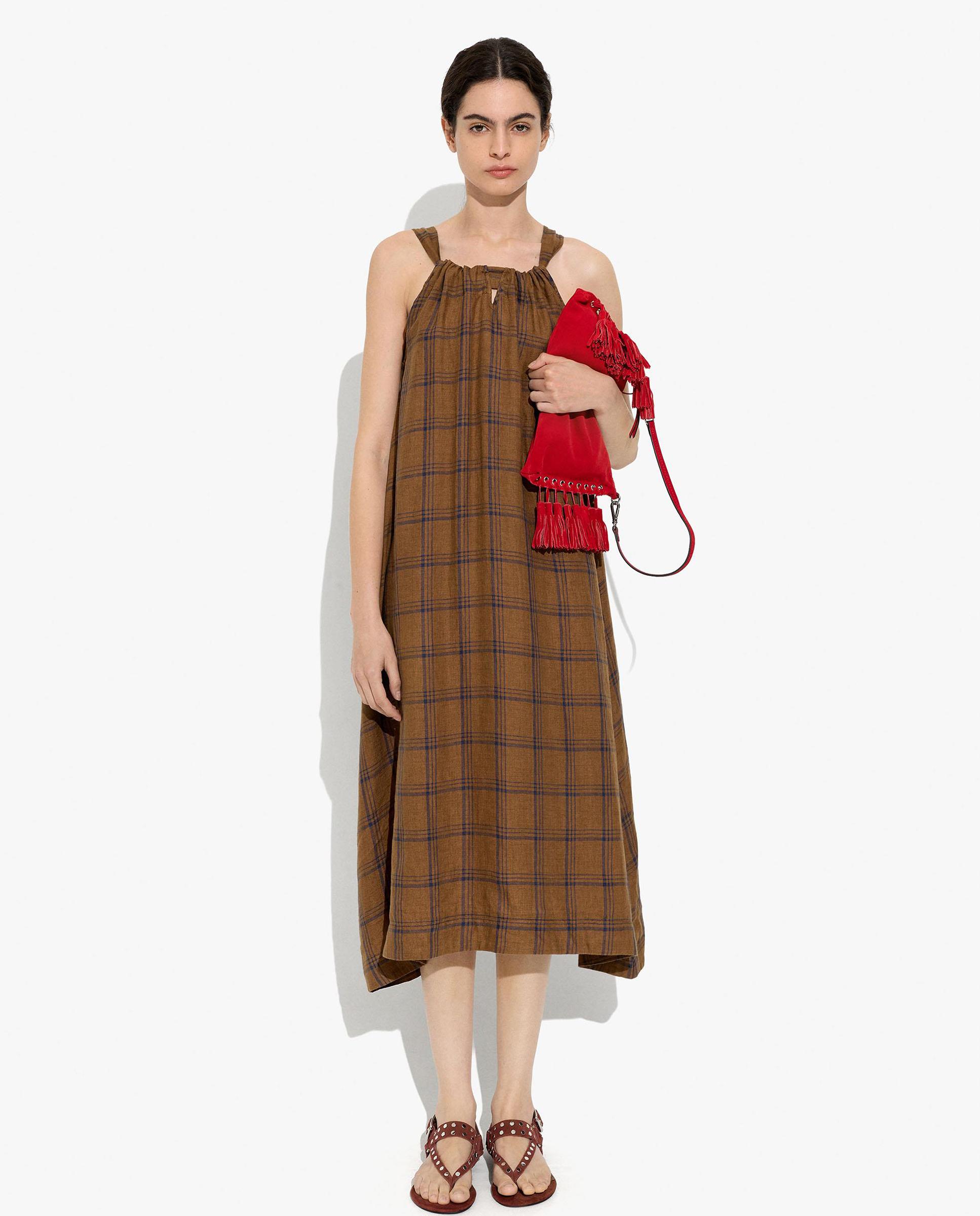 Vestido midi 100% lino con estampado de cuadros - Parfois - Marrón Marrón-1