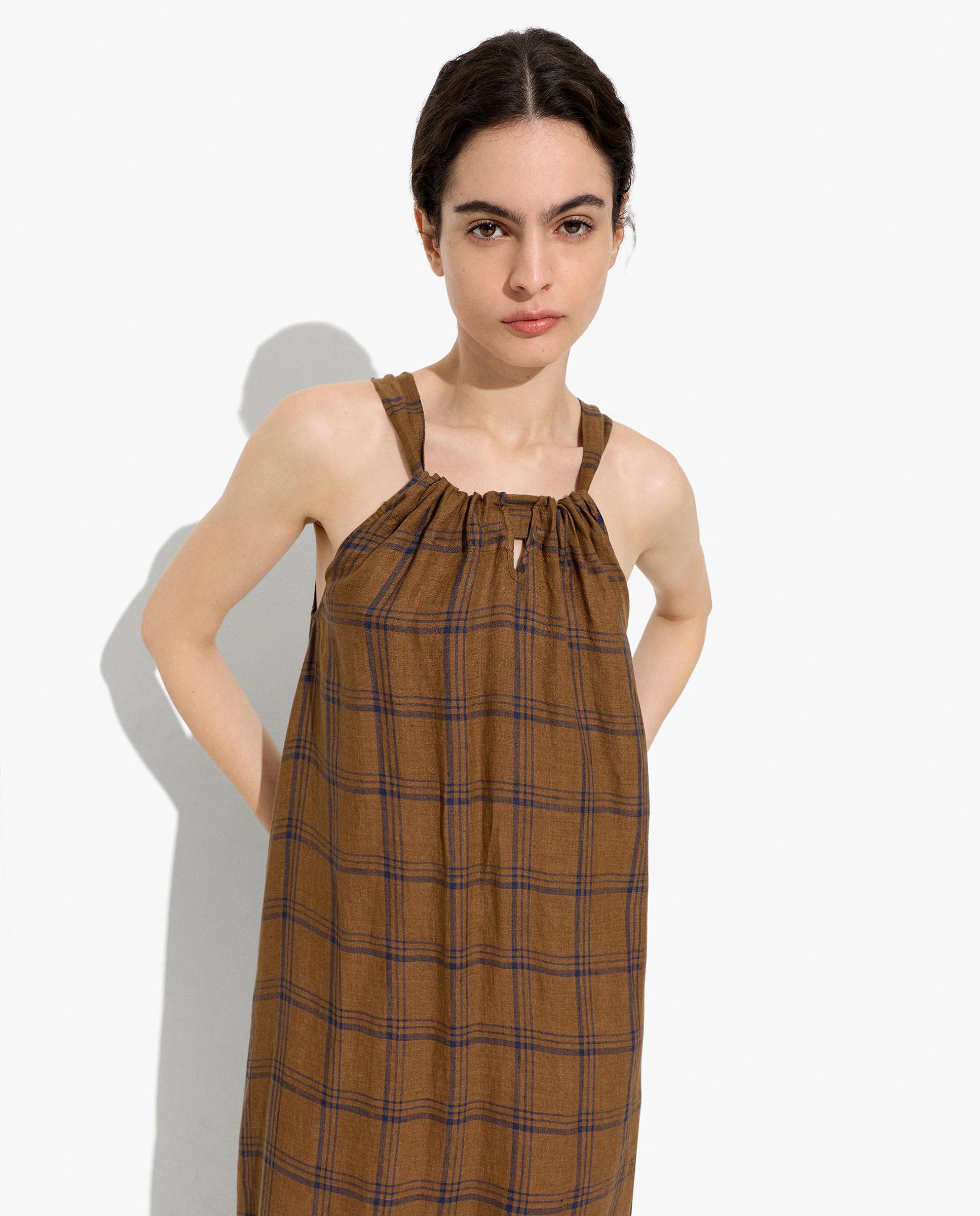 Vestido midi 100% lino con estampado de cuadros - Parfois - Marrón Marrón-2