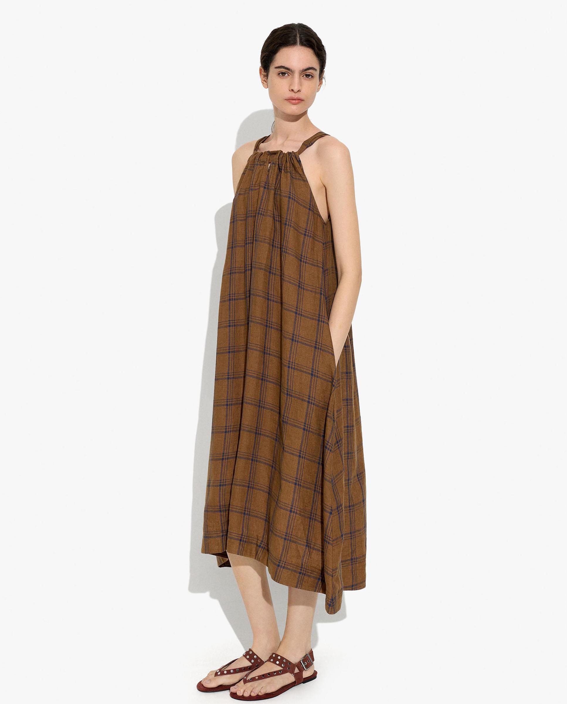 Vestido midi 100% lino con estampado de cuadros - Parfois - Marrón Marrón-3