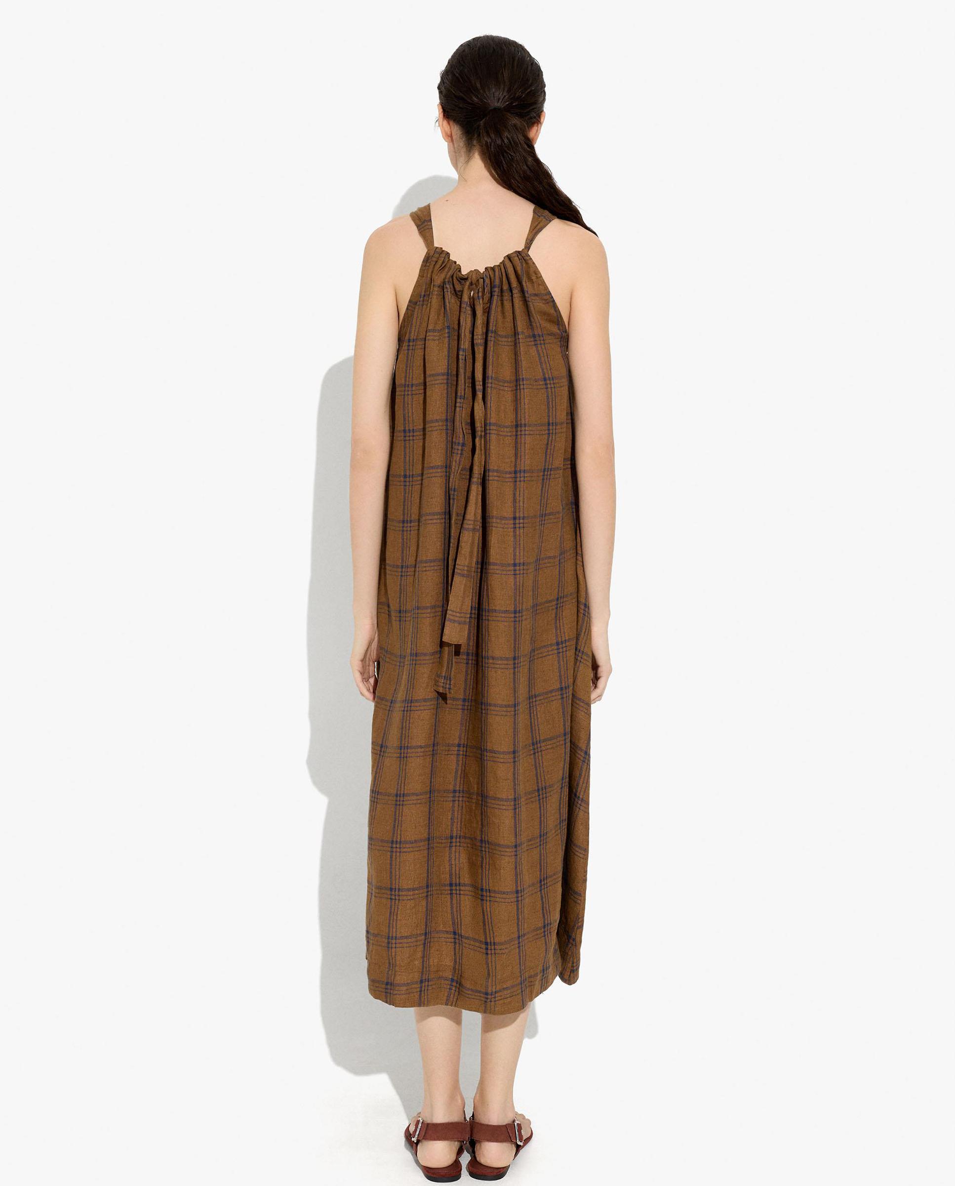 Vestido midi 100% lino con estampado de cuadros - Parfois - Marrón Marrón-4