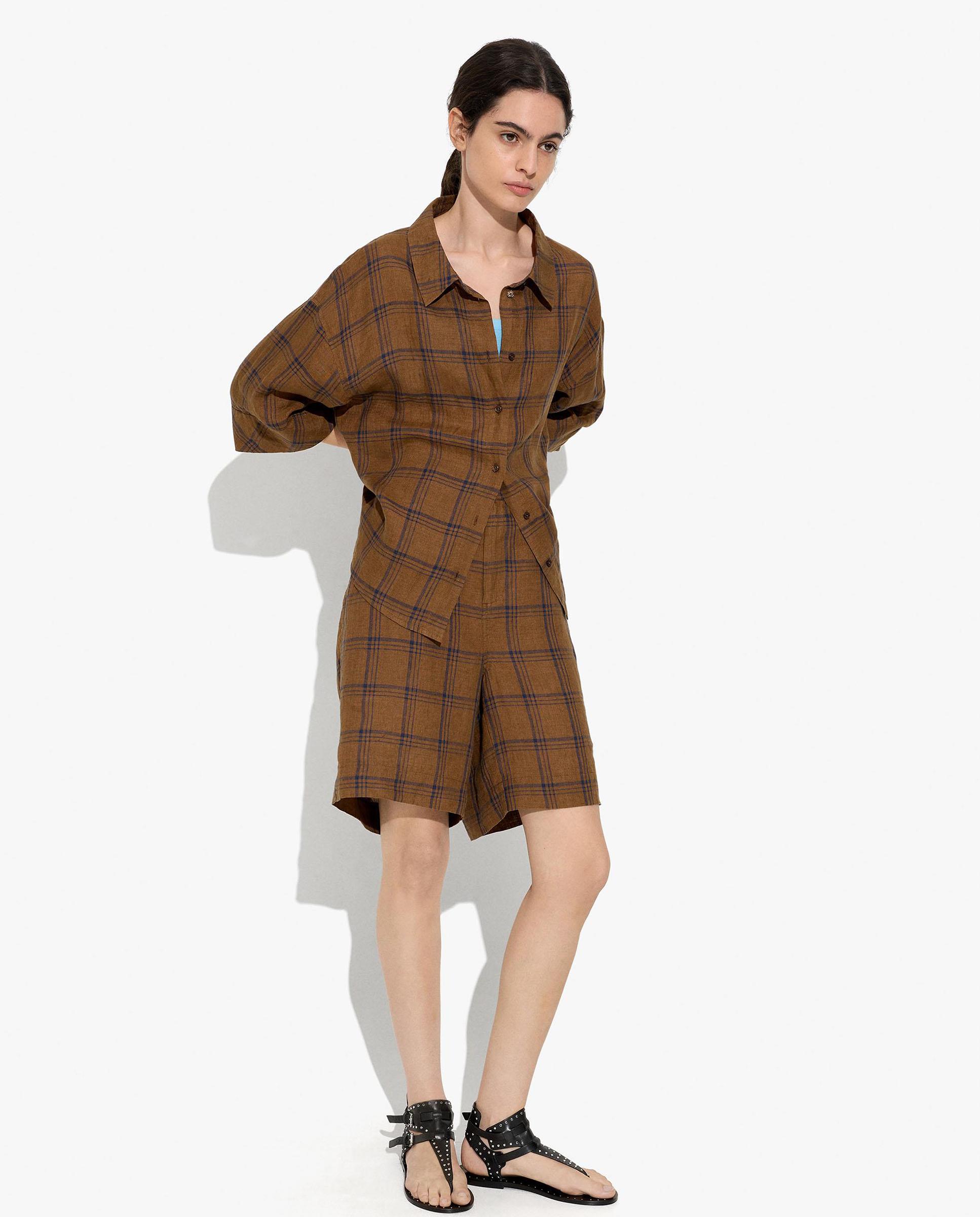 Camisa de mujer 100% lino de manga corta con estampado vichy - Parfois - Marrón Marrón-2