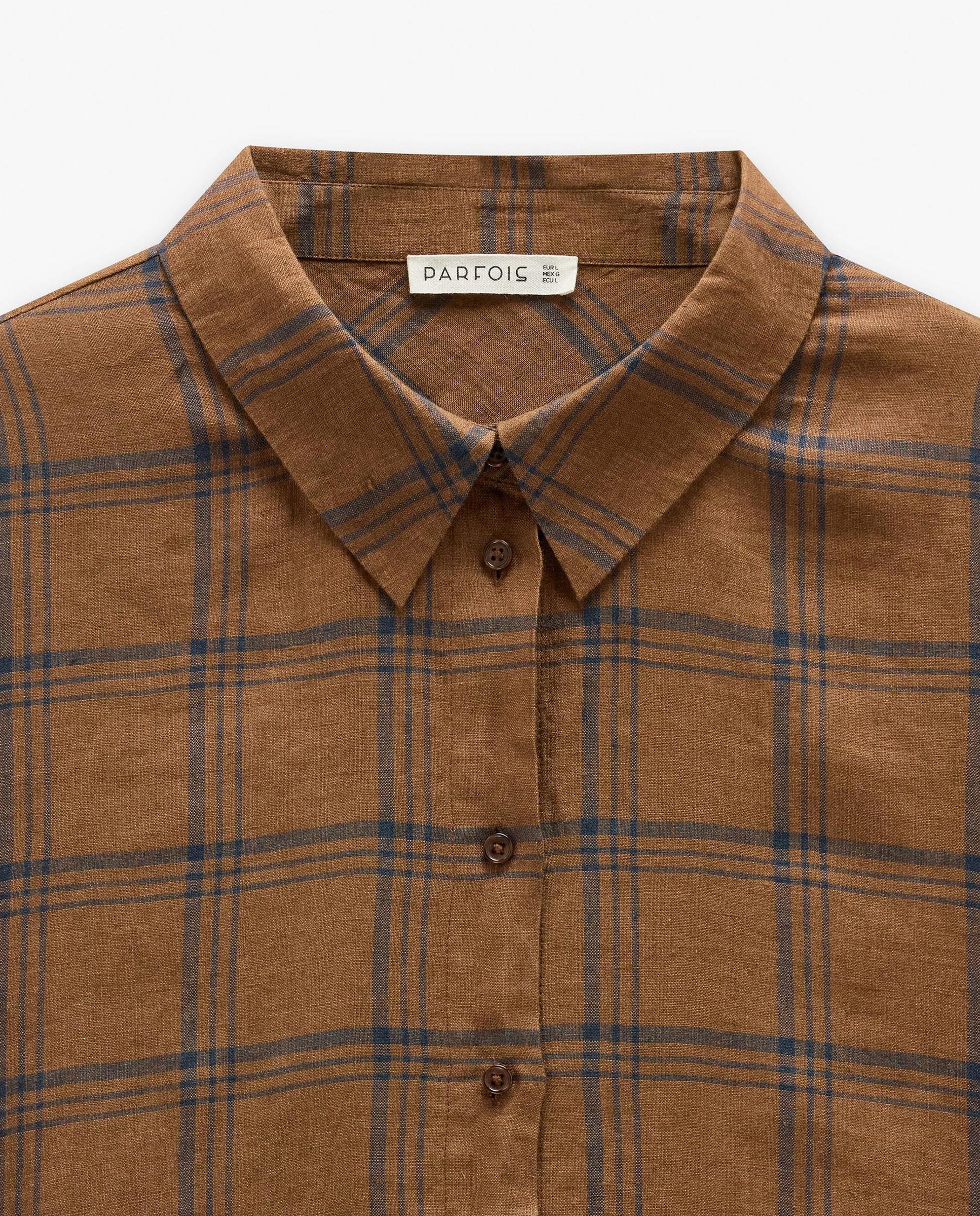 Camisa de mujer 100% lino de manga corta con estampado vichy - Parfois - Marrón Marrón-6