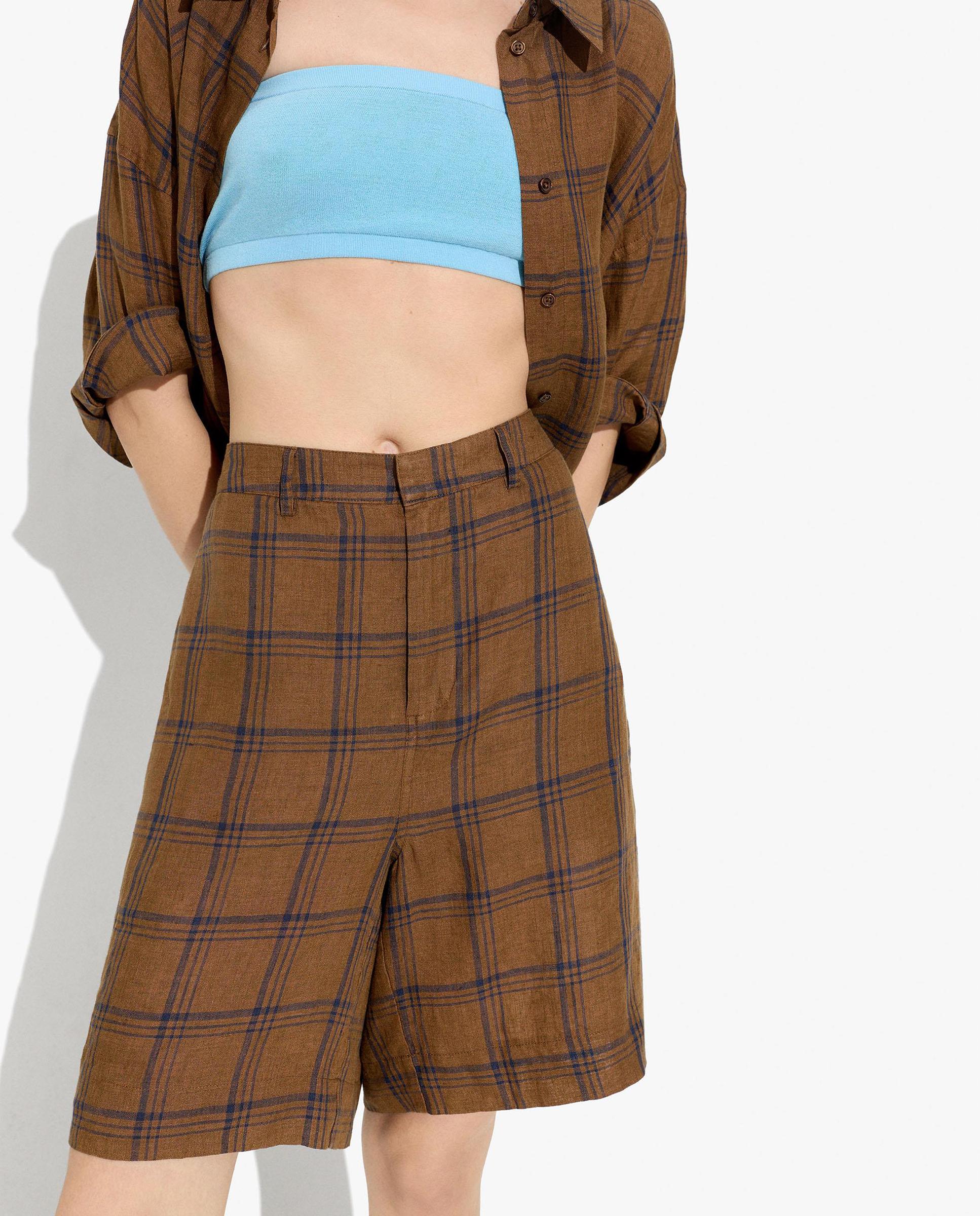 Short de mujer 100% lino con estampado vichy - Parfois - Marrón Marrón-2