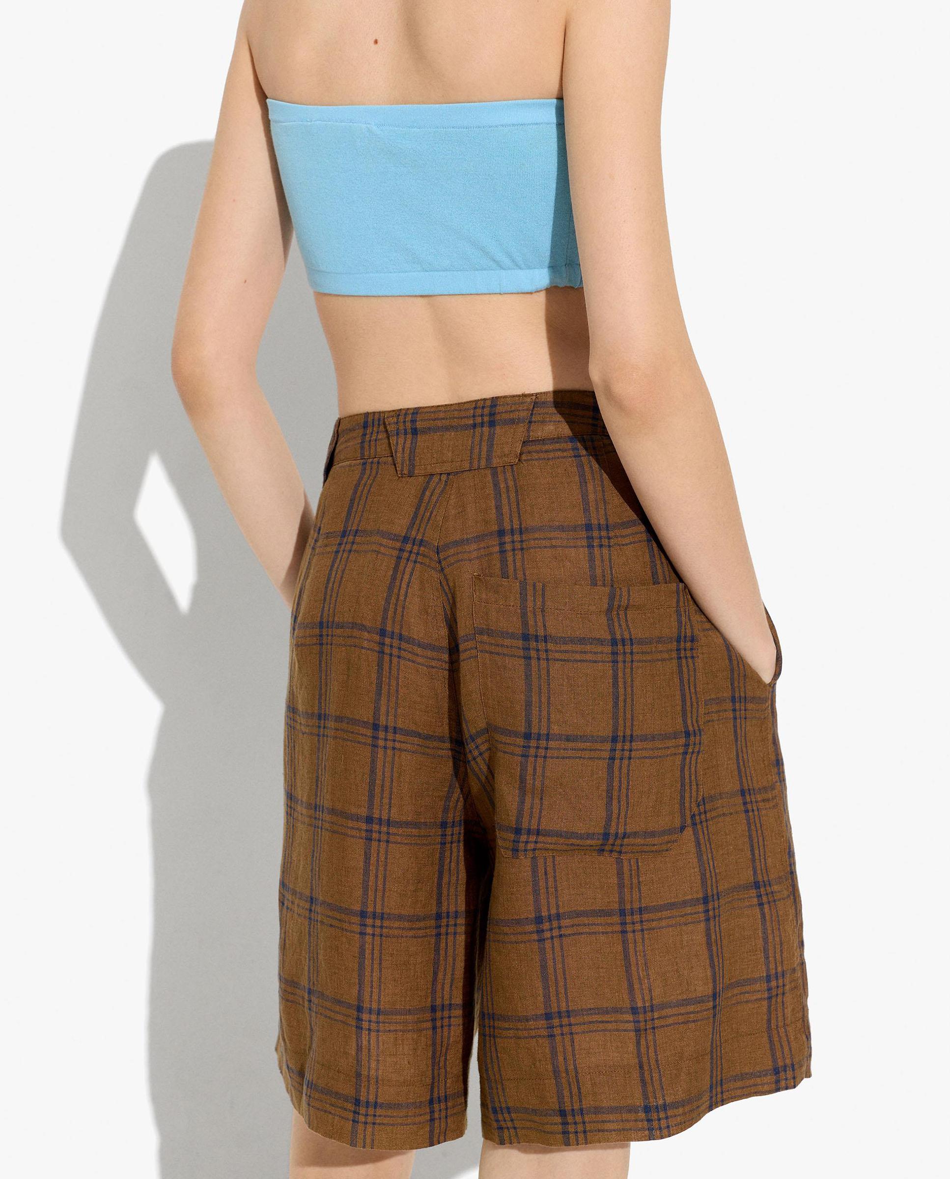 Short de mujer 100% lino con estampado vichy - Parfois - Marrón Marrón-4