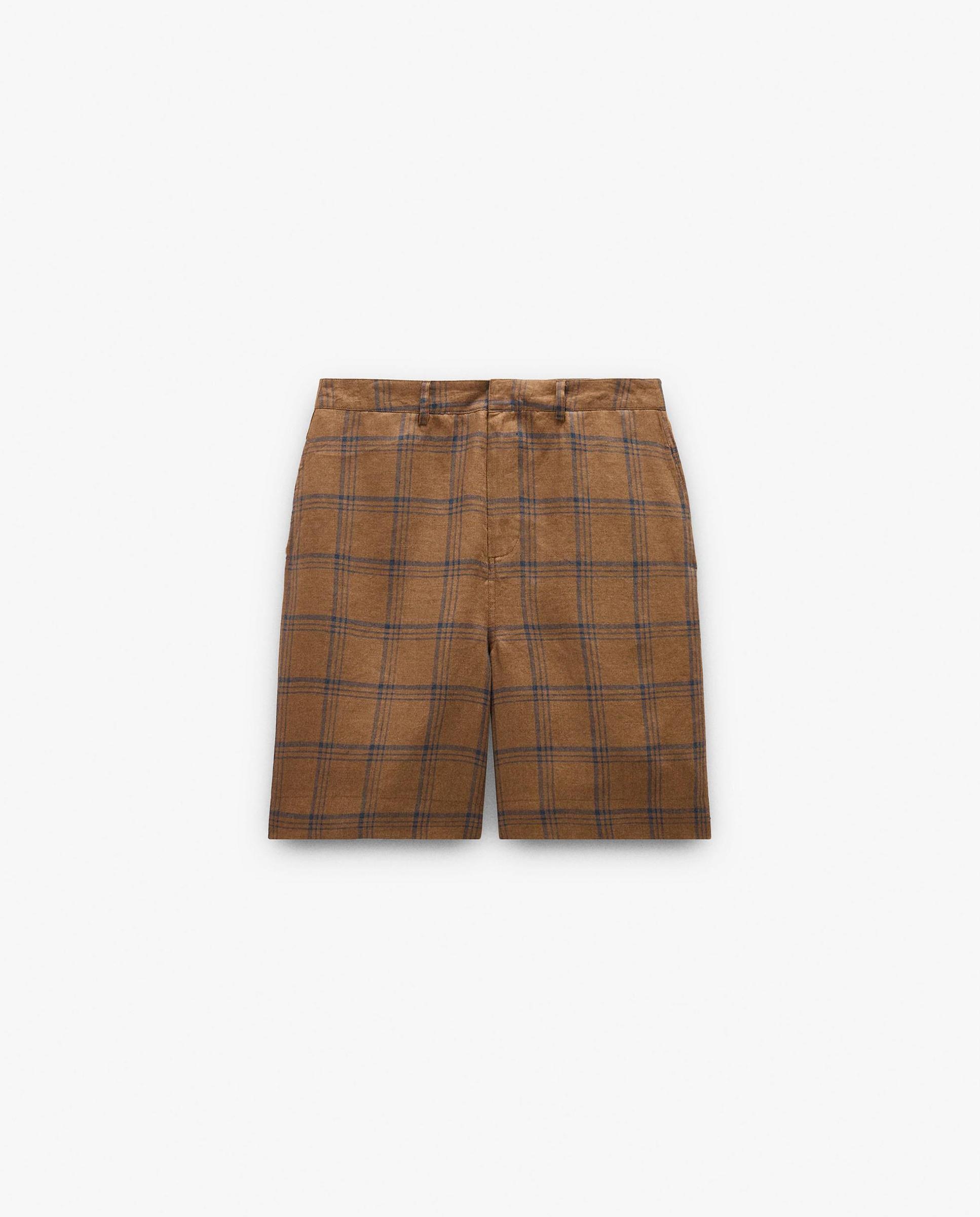 Short de mujer 100% lino con estampado vichy - Parfois - Marrón Marrón-7