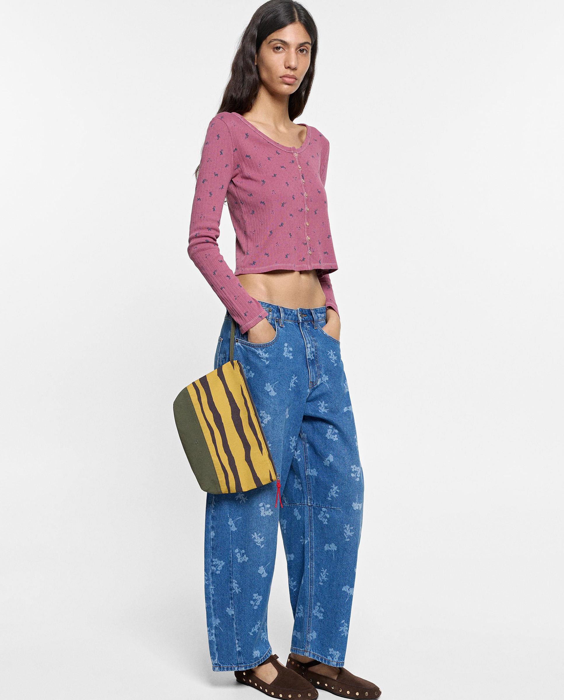 Vaqueros anchos de mujer 100% algodón estilo abombado con estampado floral - Parfois - Azul Azul-1