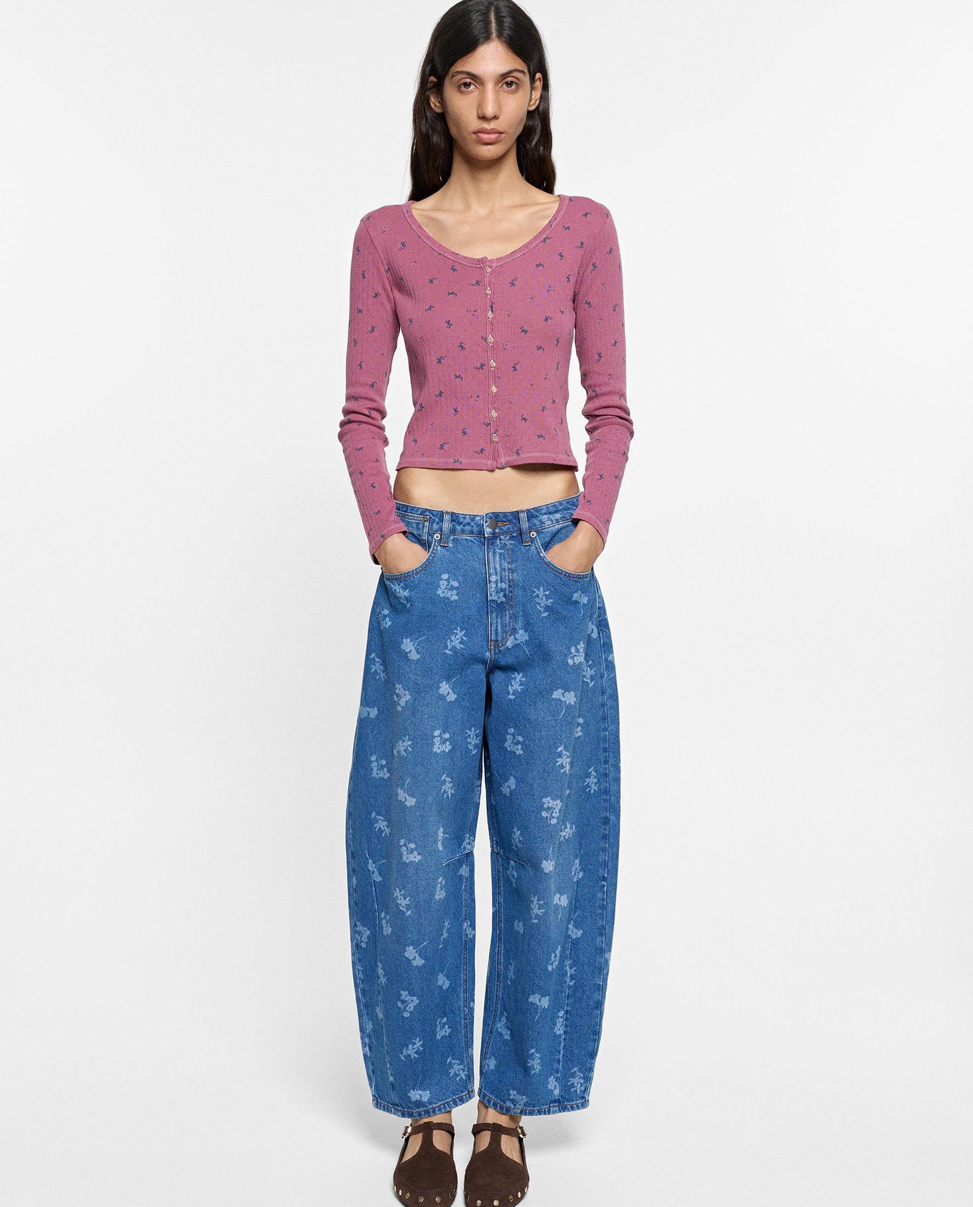 Vaqueros anchos de mujer 100% algodón estilo abombado con estampado floral - Parfois - Azul Azul-2
