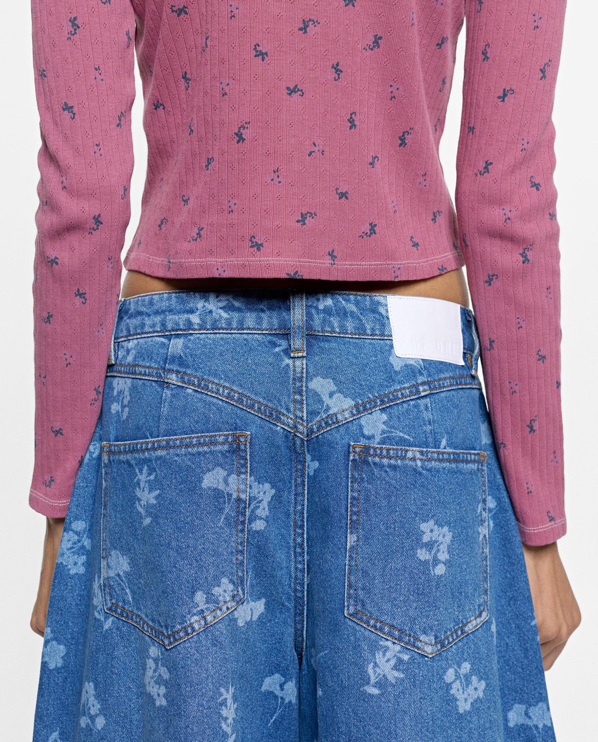 Vaqueros anchos de mujer 100% algodón estilo abombado con estampado floral - Parfois - Azul Azul-3