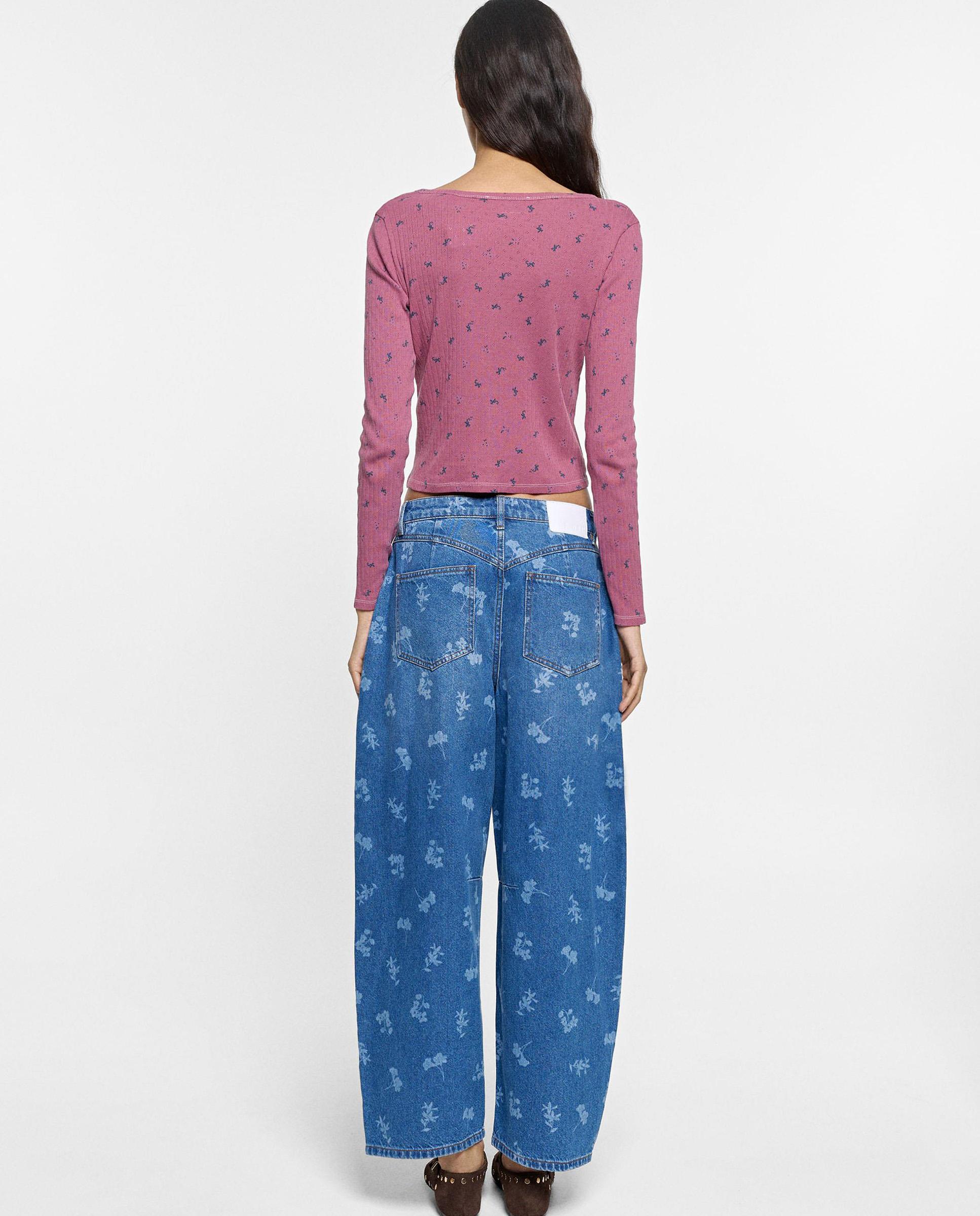 Vaqueros anchos de mujer 100% algodón estilo abombado con estampado floral - Parfois - Azul Azul-4