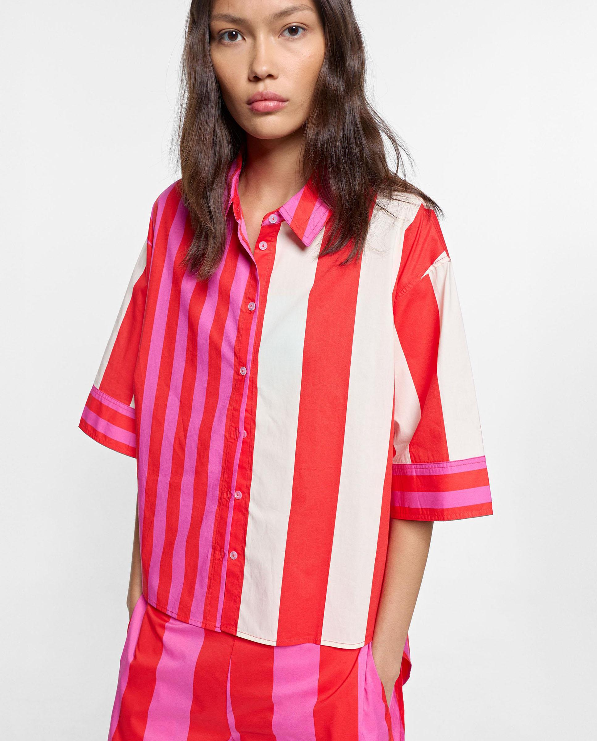 Camisa de mujer 100% algodón de manga francesa con estampado de rayas - Parfois - Rosa Rosa-1