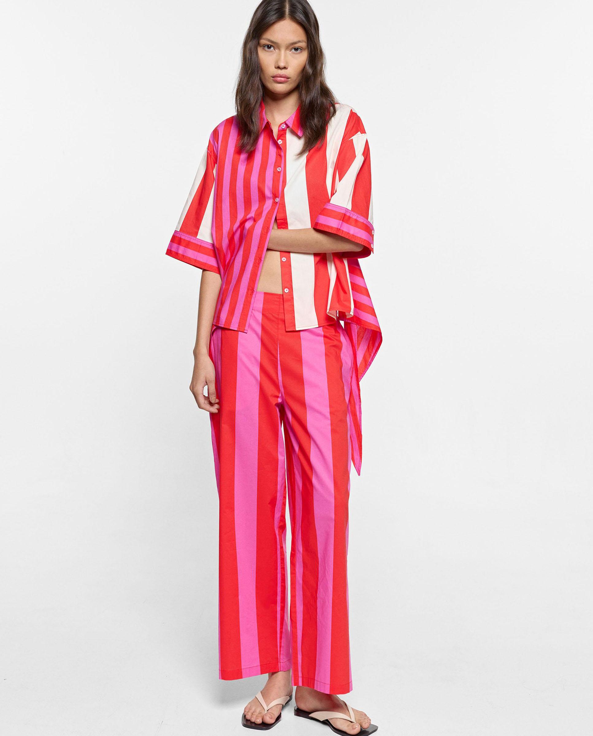 Camisa de mujer 100% algodón de manga francesa con estampado de rayas - Parfois - Rosa Rosa-2