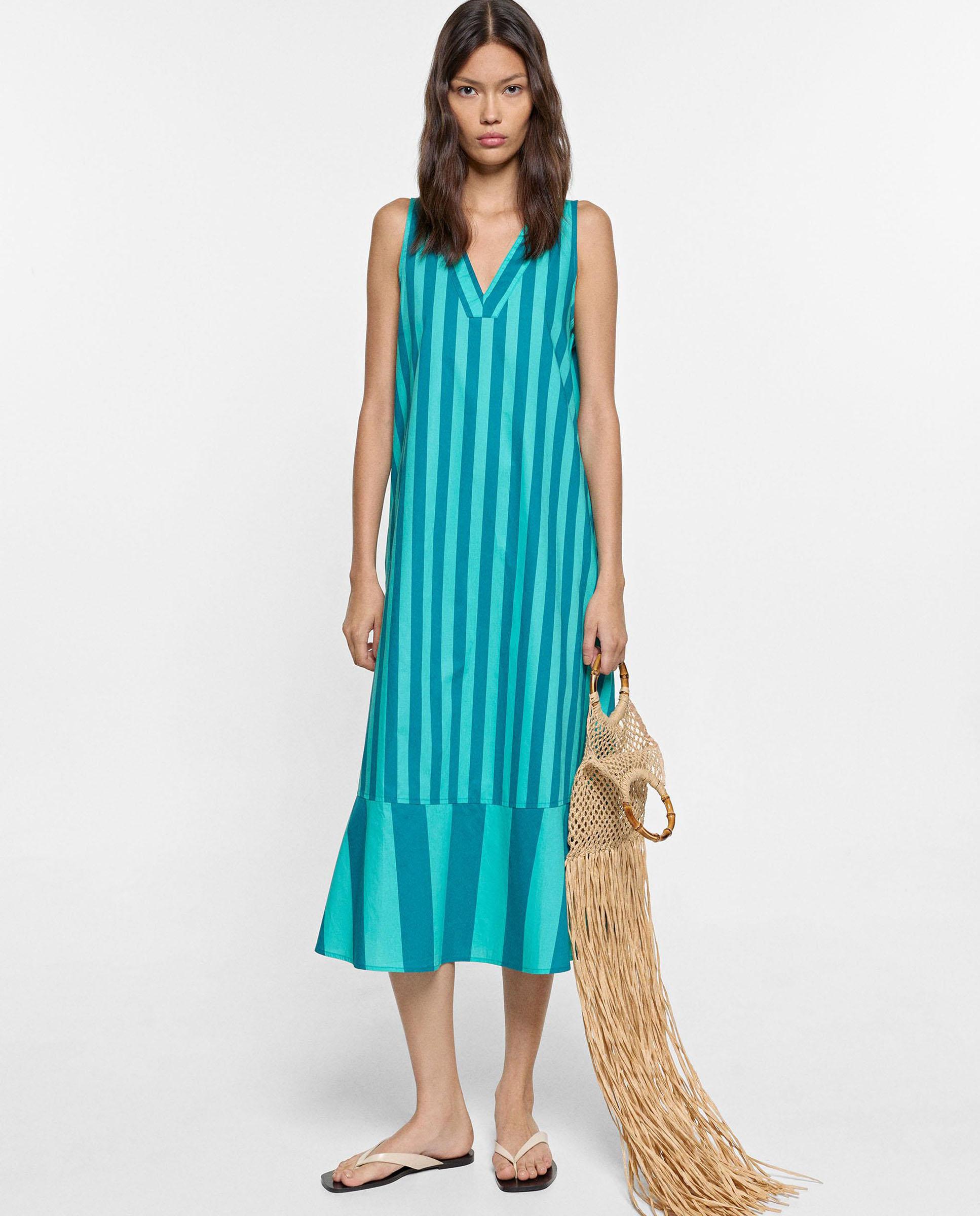 Vestido midi 100% algodón con estampado de rayas - Parfois - Azul Azul-1