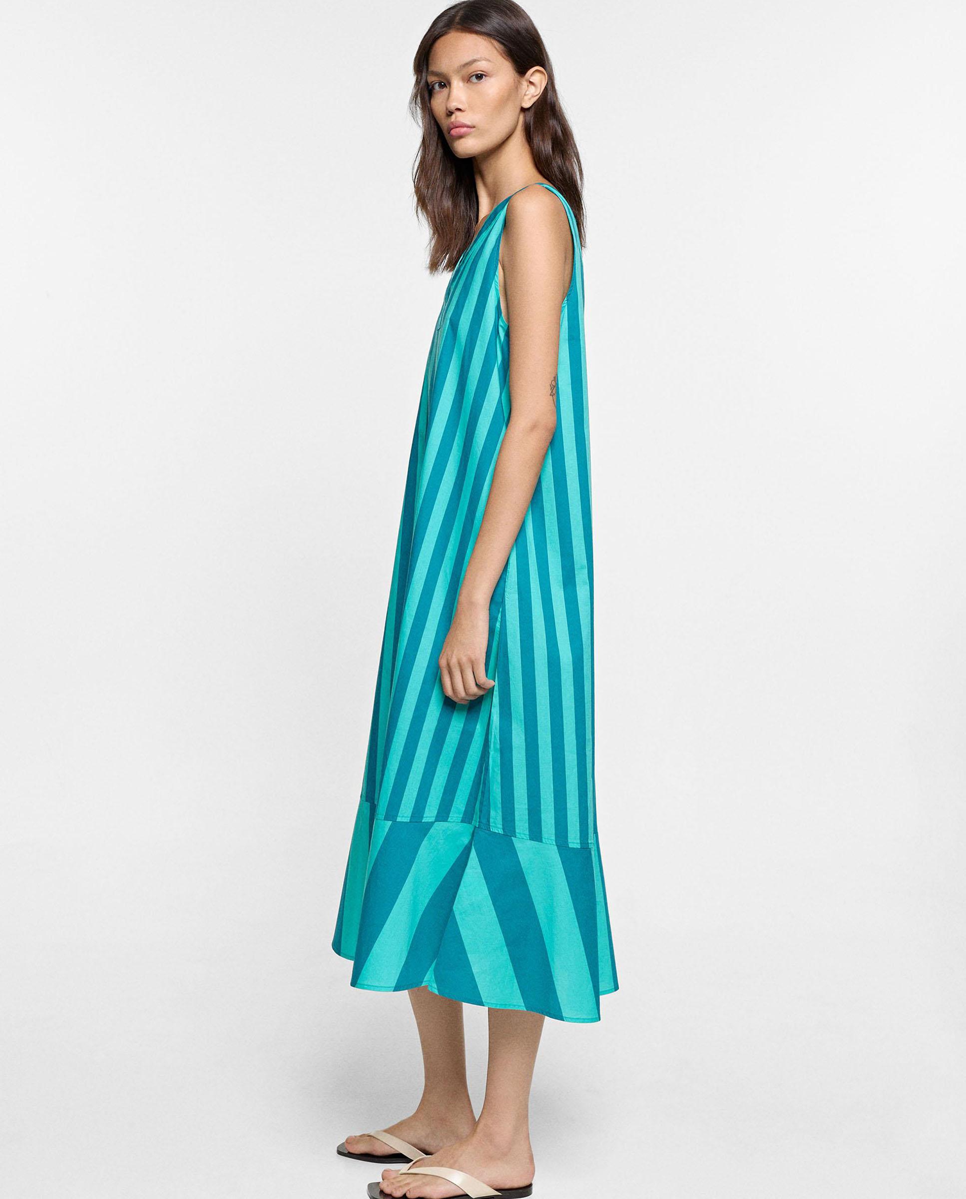 Vestido midi 100% algodón con estampado de rayas - Parfois - Azul Azul-3