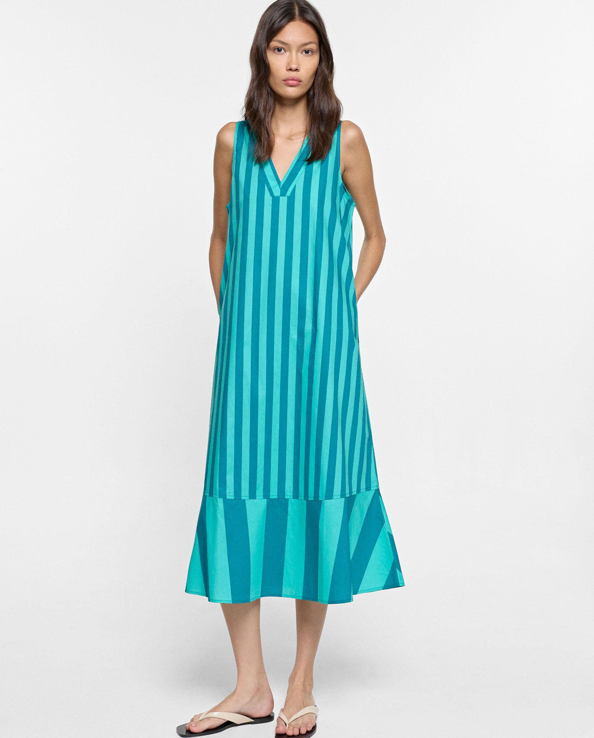 Vestido midi 100% algodón con estampado de rayas - Parfois - Azul Azul-4